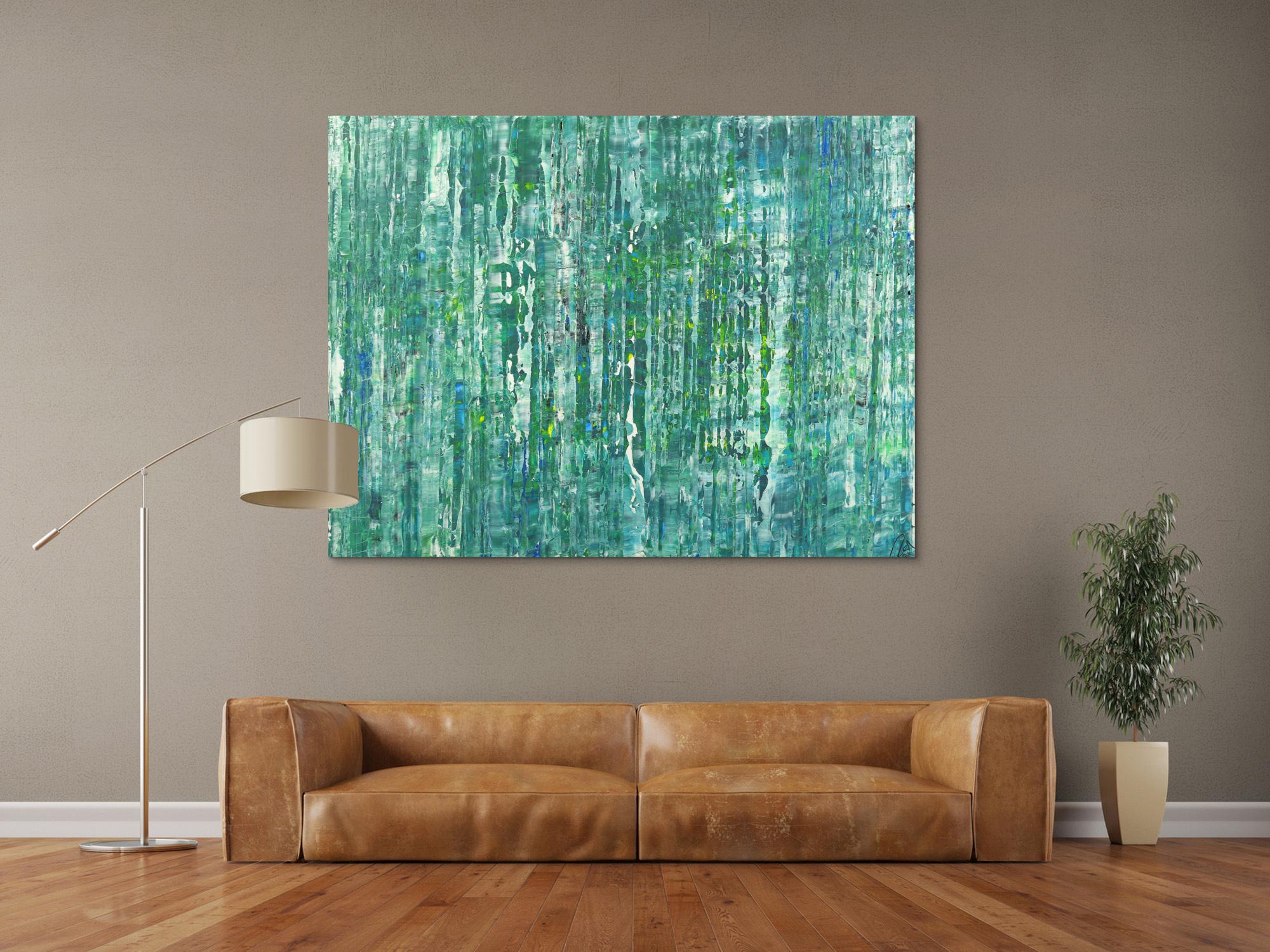 Abstraktes Acrylbild Modern Art auf Leinwand handgemalt petrol blau grün gelb weiß