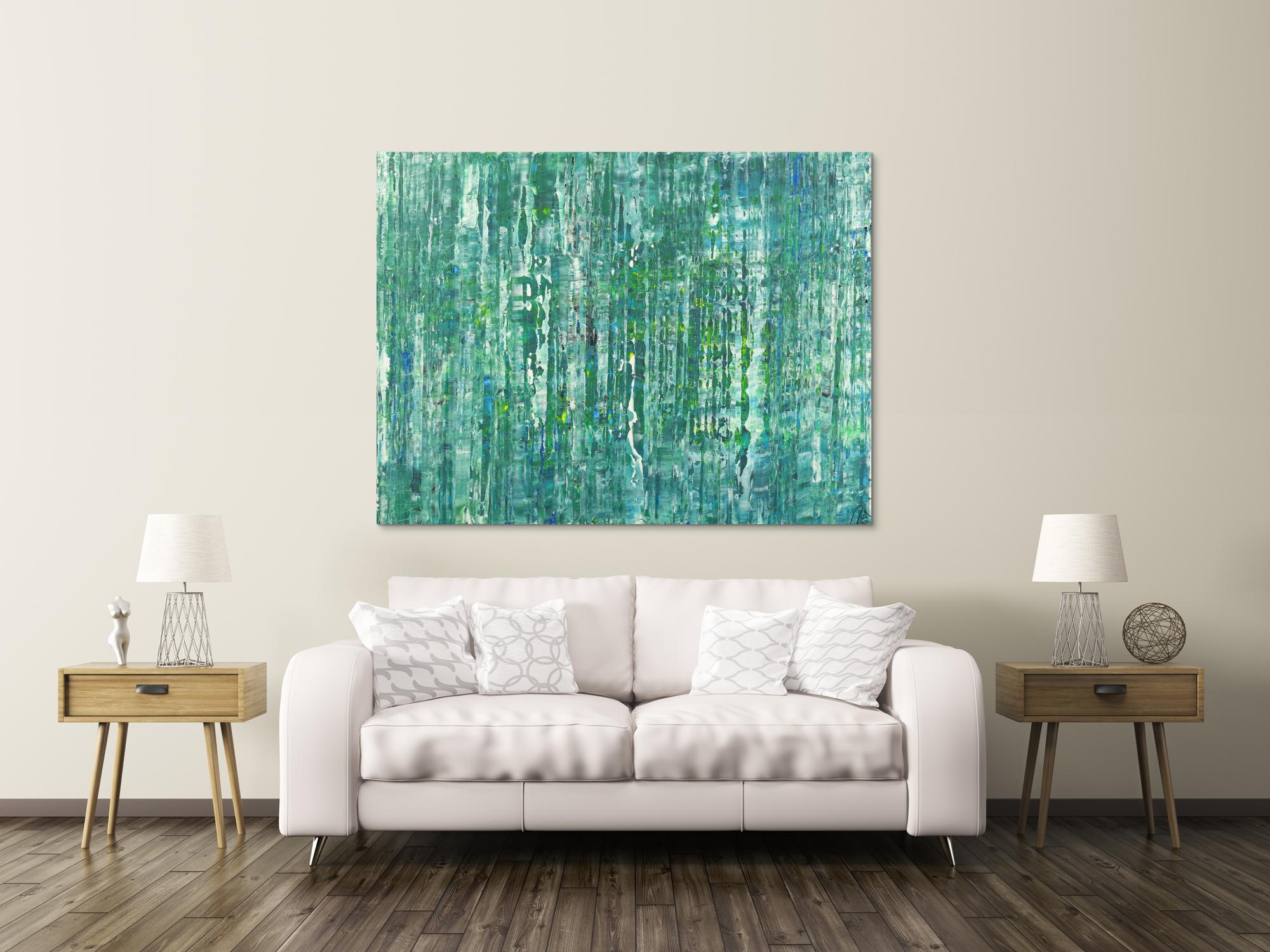 Abstraktes Acrylbild Modern Art auf Leinwand handgemalt petrol blau grün gelb weiß