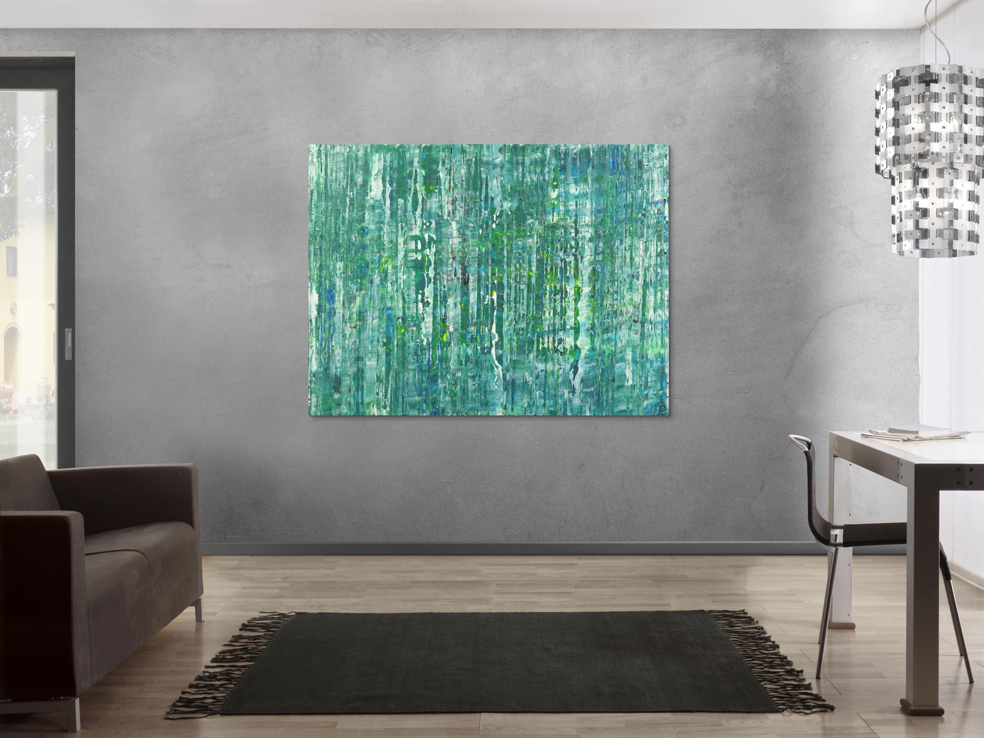 Abstraktes Acrylbild Modern Art auf Leinwand handgemalt petrol blau grün gelb weiß