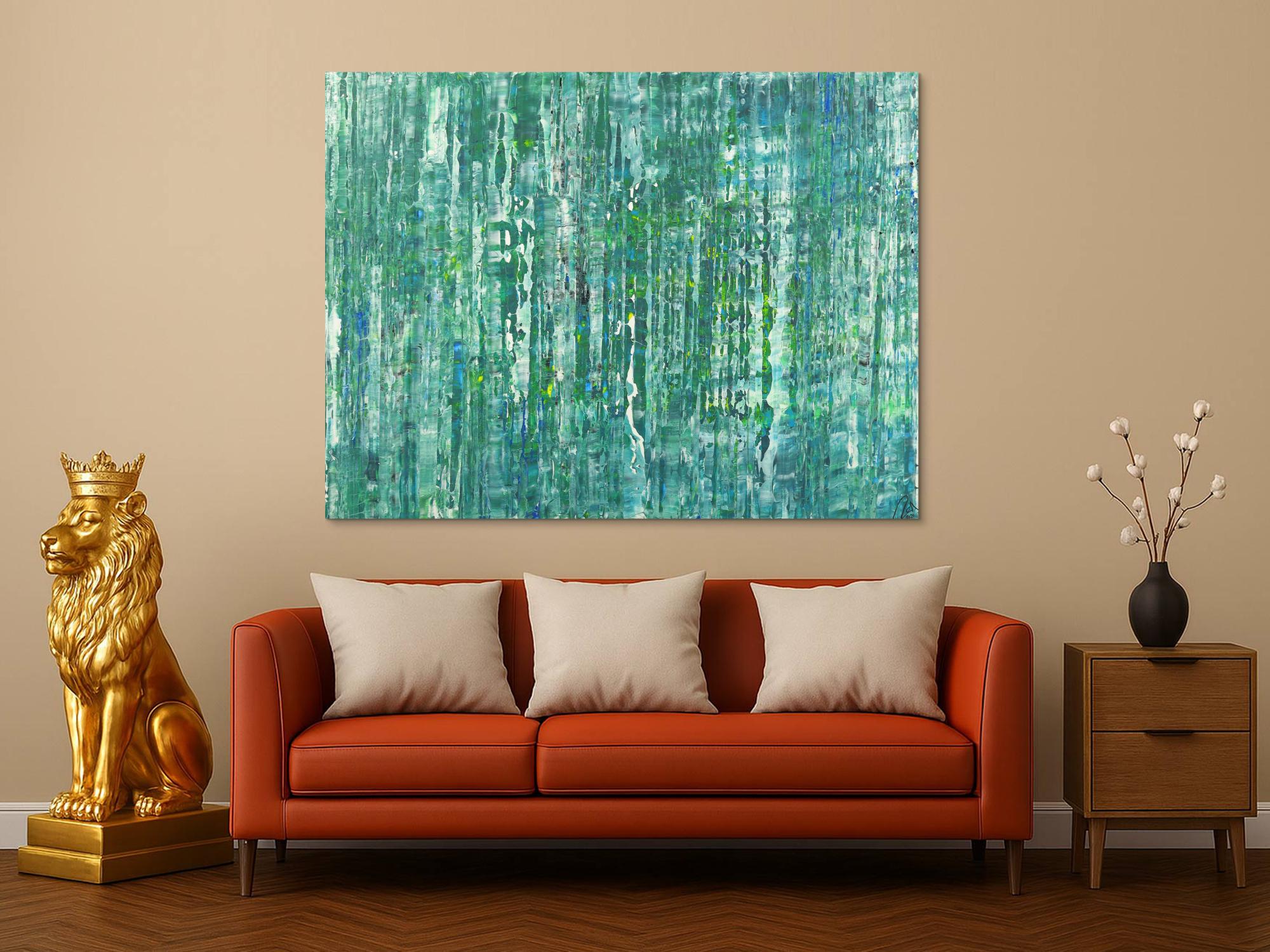 Abstraktes Acrylbild Modern Art auf Leinwand handgemalt petrol blau grün gelb weiß