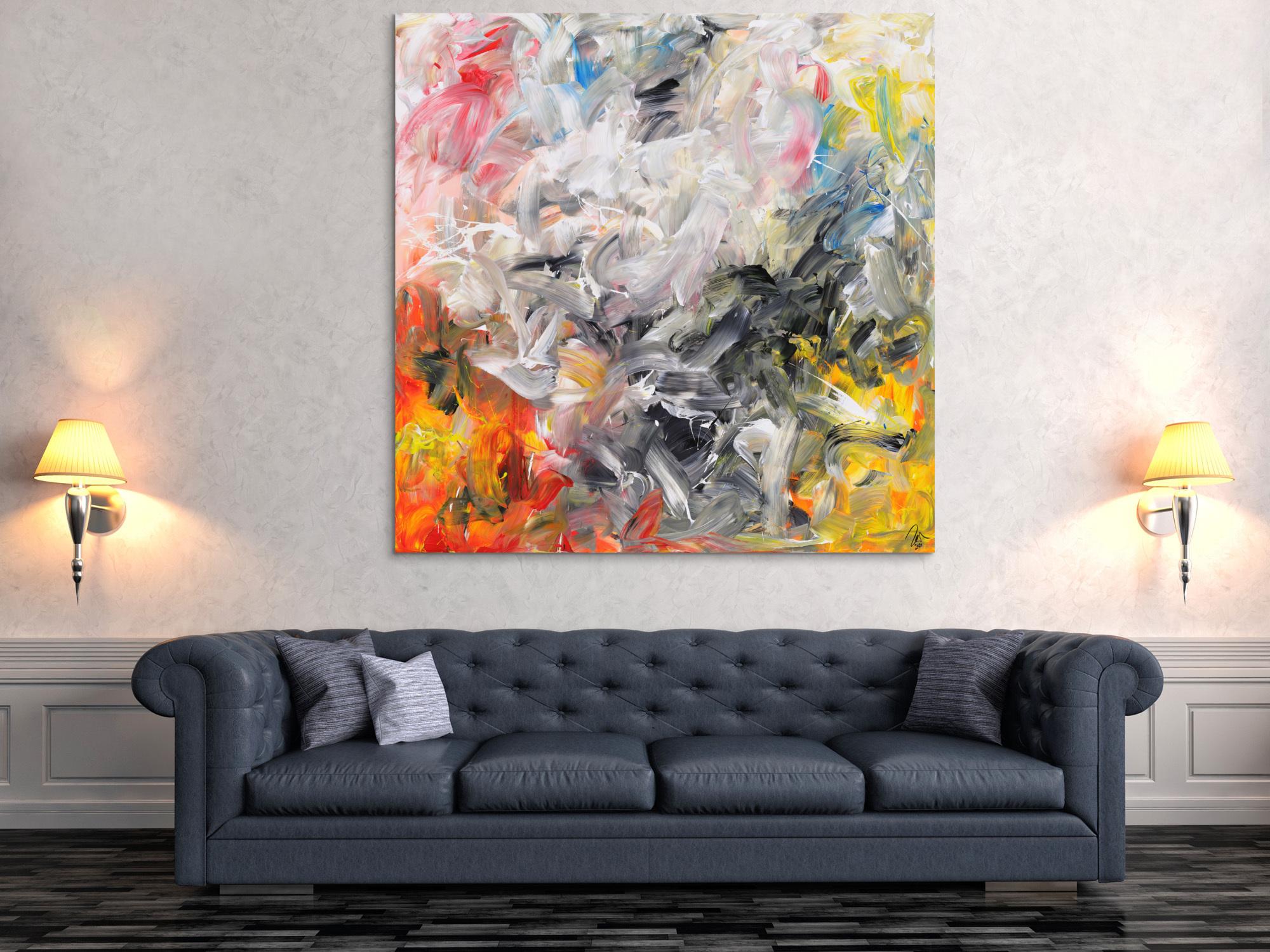 Gemälde Original abstrakt 150x150cm Mischtechnik zeitgenössisch handgemalt  beige weiß anthrazit Unikat