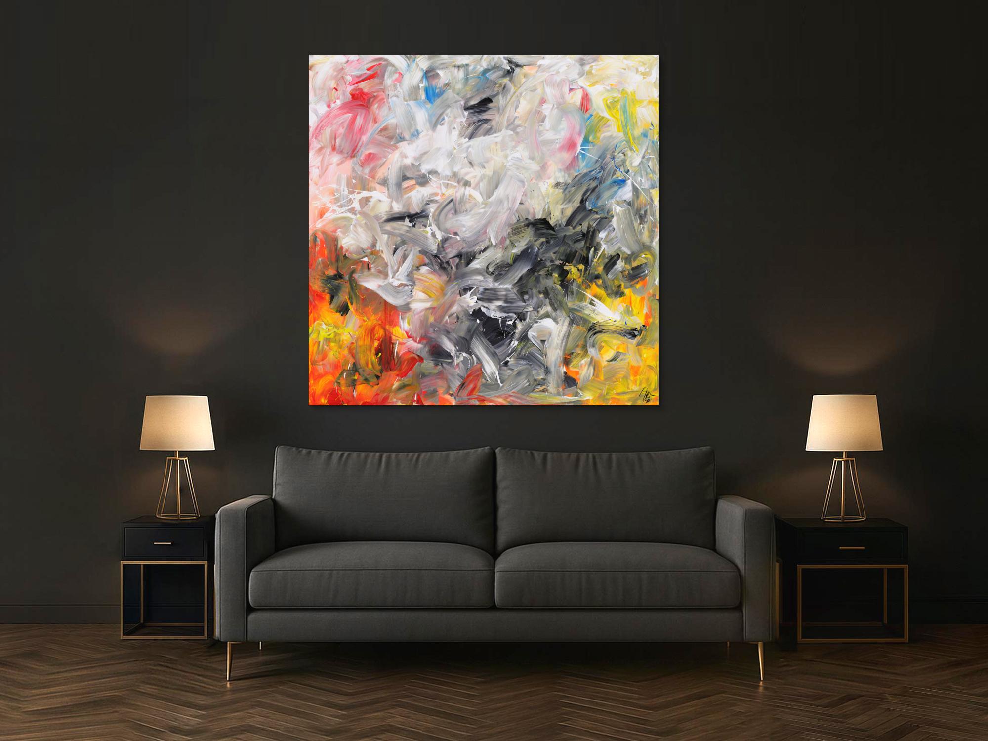 Gemälde Original abstrakt 150x150cm Mischtechnik zeitgenössisch handgemalt  beige weiß anthrazit Unikat