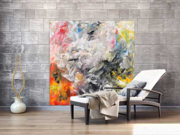 Gemälde Original abstrakt 150x150cm Mischtechnik zeitgenössisch handgemalt  beige weiß anthrazit Unikat