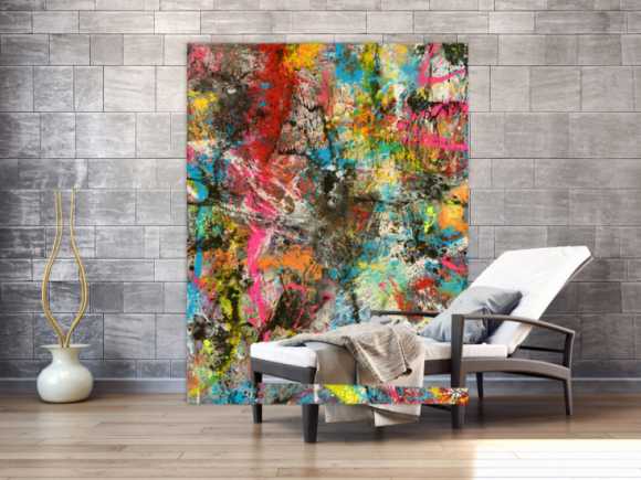 Abstraktes Gemälde Action Painting Mischtechnik Acryl Spraypait Hochformat Modern Art handgemalt auf Leinwand