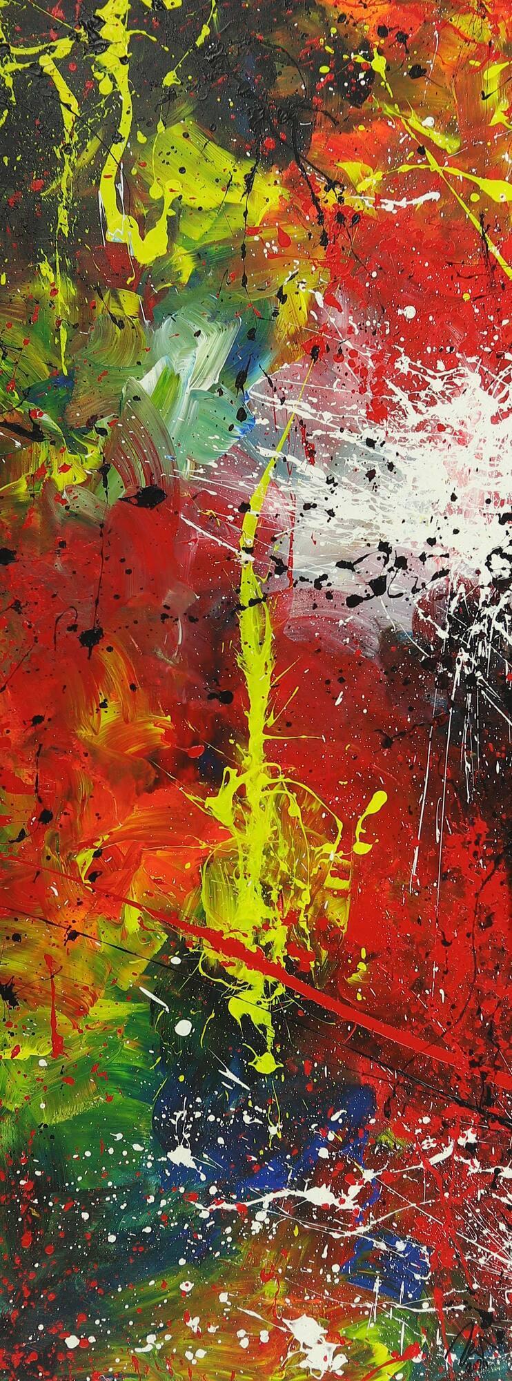 Abstraktes Acrylbild handgemalt Hochformat auf Leinwand sehr bunt Modern Art Action Paitning