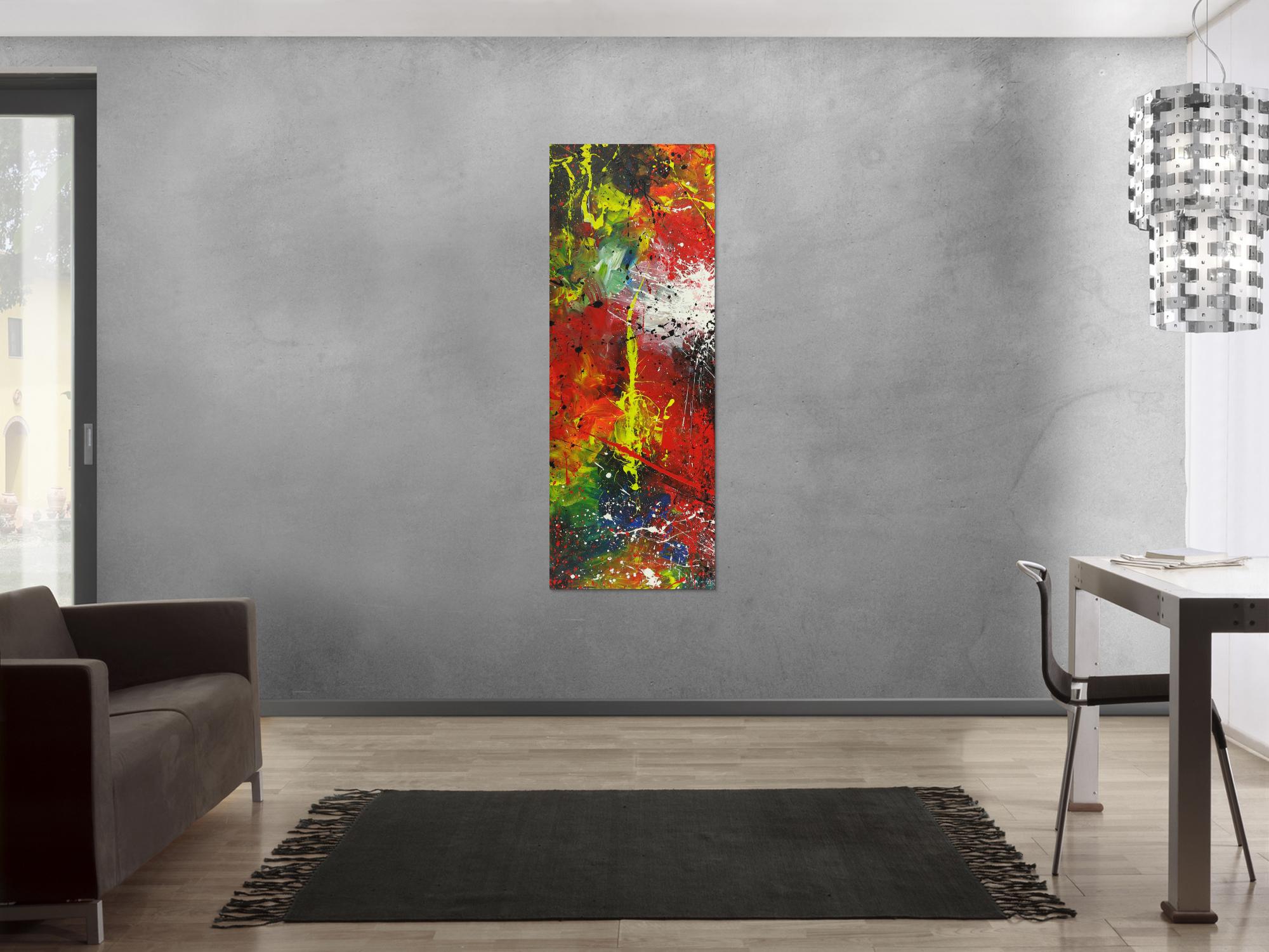 Abstraktes Acrylbild handgemalt Hochformat auf Leinwand sehr bunt Modern Art Action Paitning