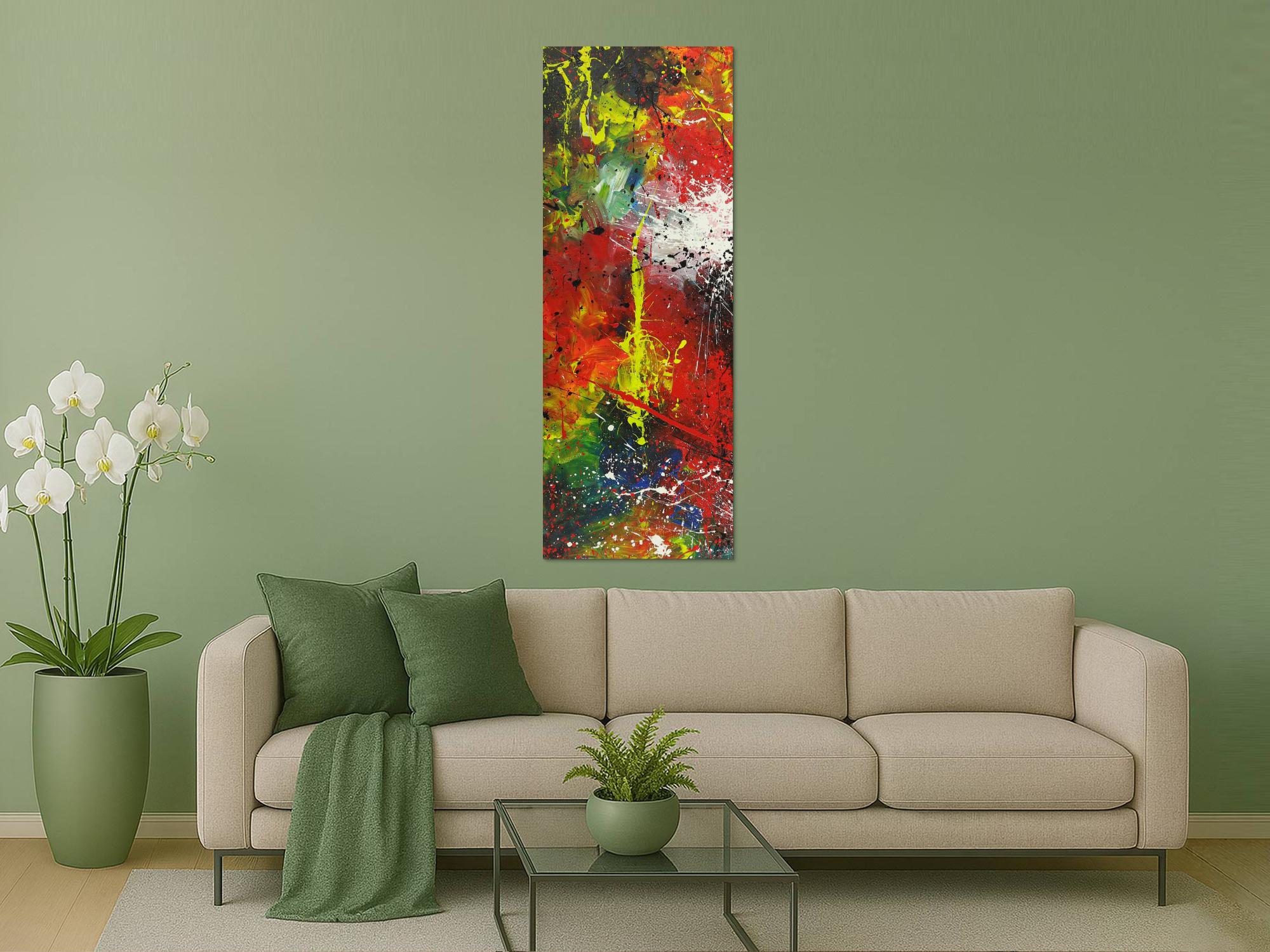 Abstraktes Acrylbild handgemalt Hochformat auf Leinwand sehr bunt Modern Art Action Paitning