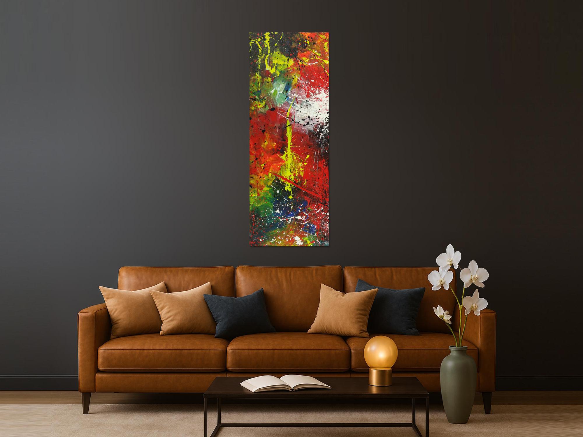 Abstraktes Acrylbild handgemalt Hochformat auf Leinwand sehr bunt Modern Art Action Paitning