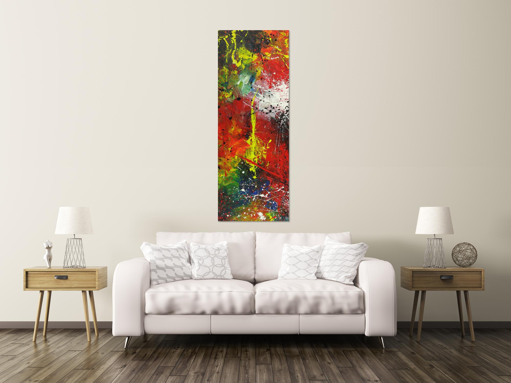 Abstraktes Acrylbild handgemalt Hochformat auf Leinwand sehr bunt Modern Art Action Paitning