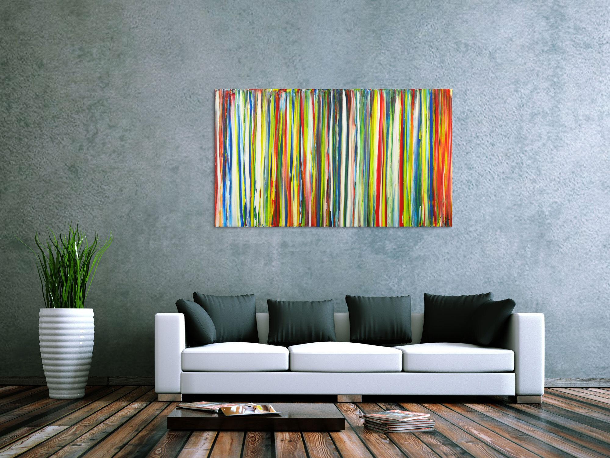 Abstraktes Gemälde bunte Streifen handgemalt auf Leinwand Modern Art