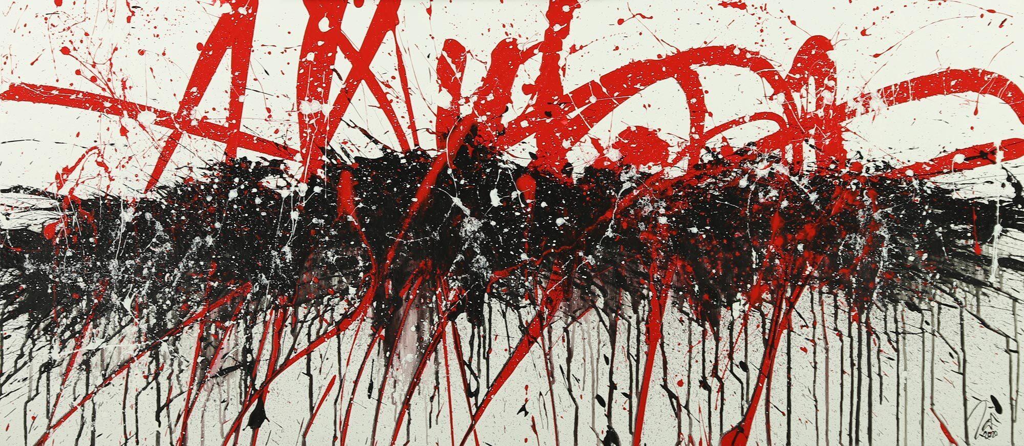 Abstraktes Acrylbild Action Painting handgemalt auf Leinwand schwarz weiß rot