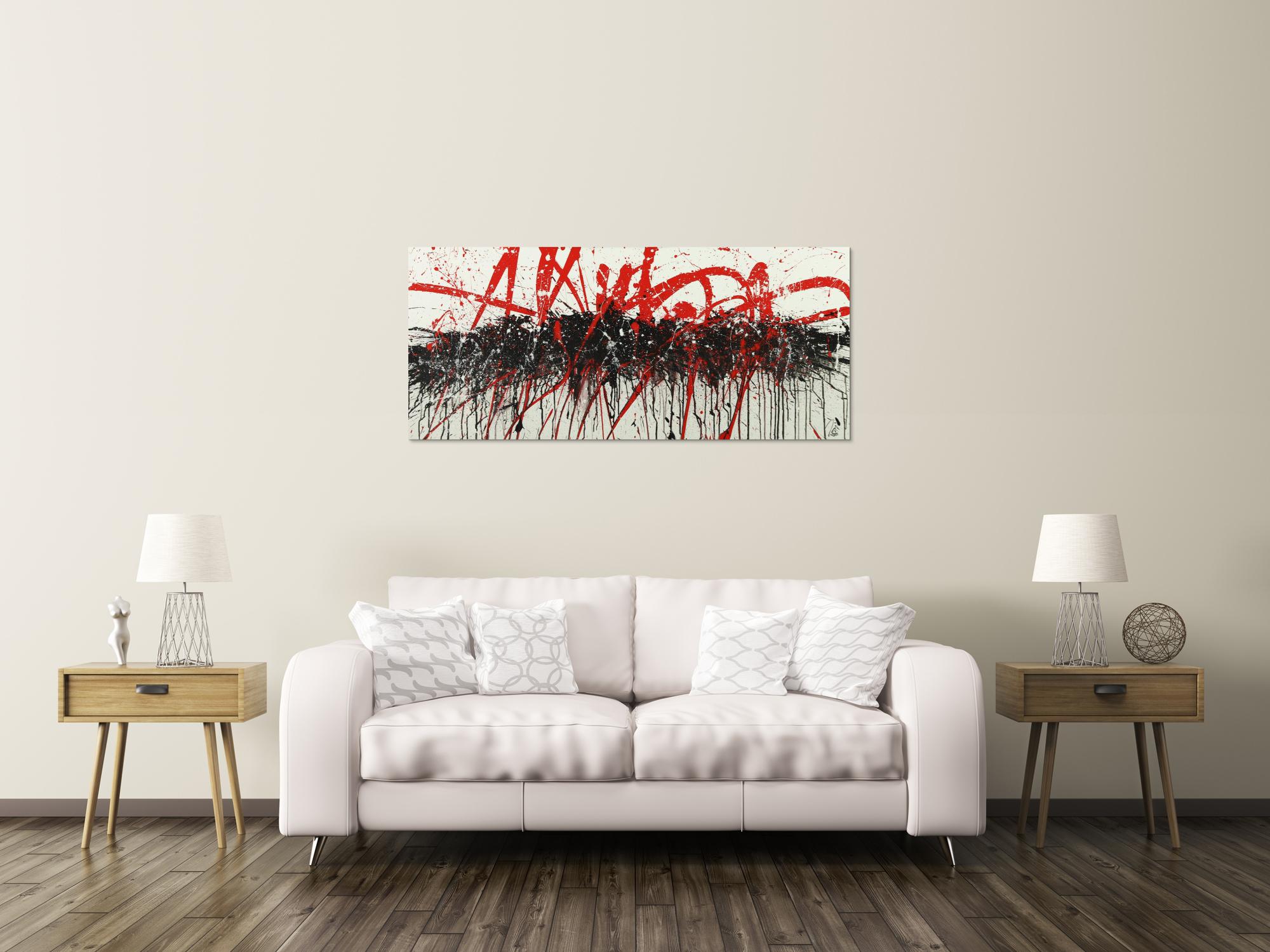 Abstraktes Acrylbild Action Painting handgemalt auf Leinwand schwarz weiß rot