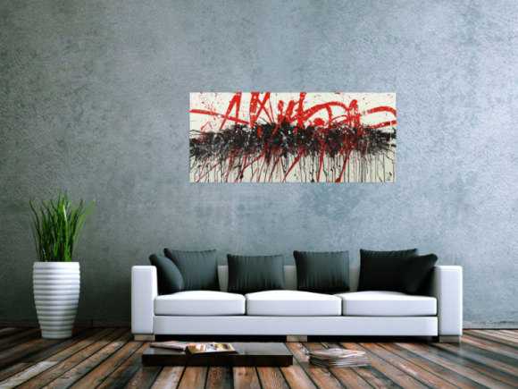 Abstraktes Acrylbild Action Painting handgemalt auf Leinwand schwarz weiß rot