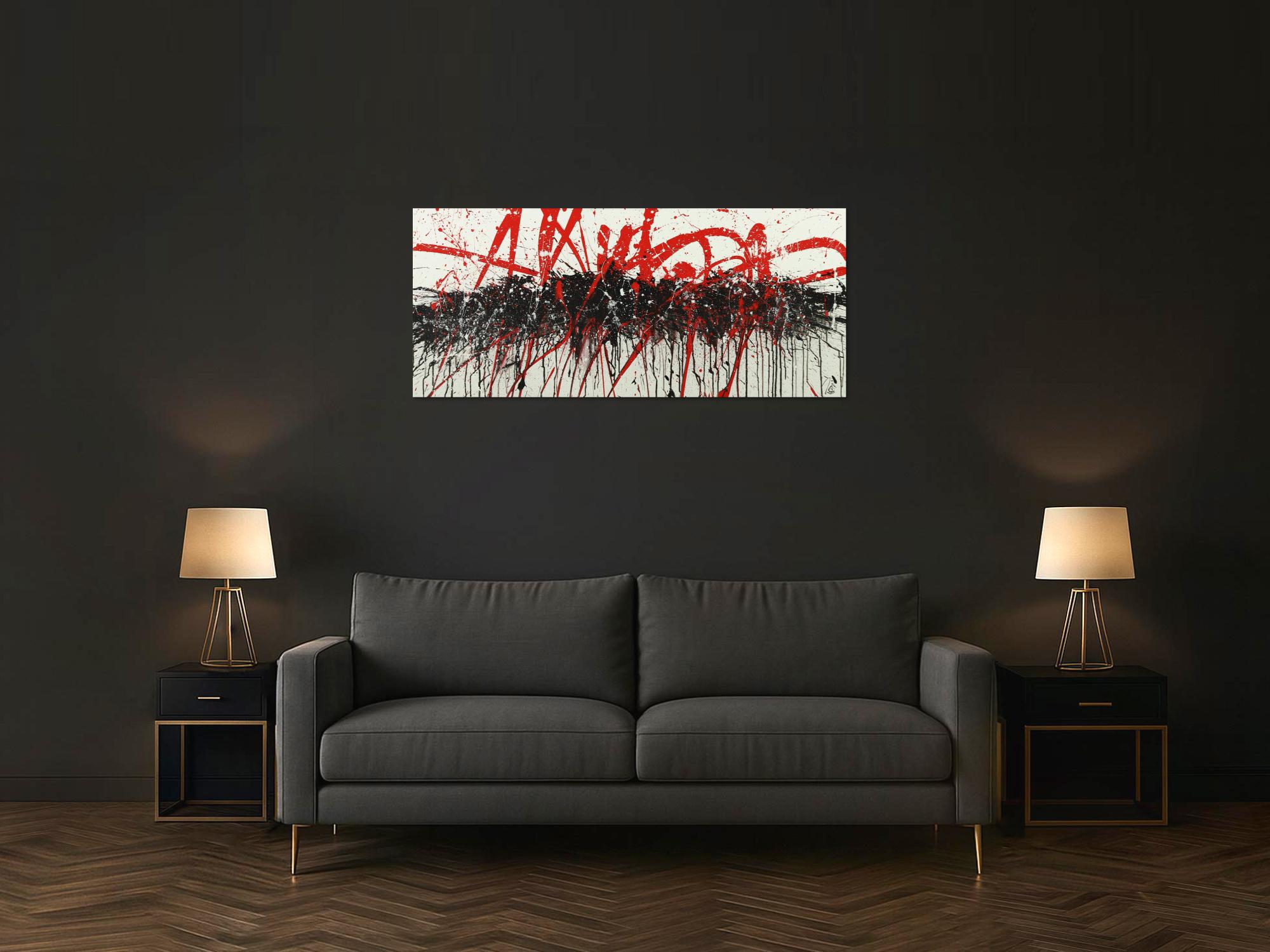 Abstraktes Acrylbild Action Painting handgemalt auf Leinwand schwarz weiß rot
