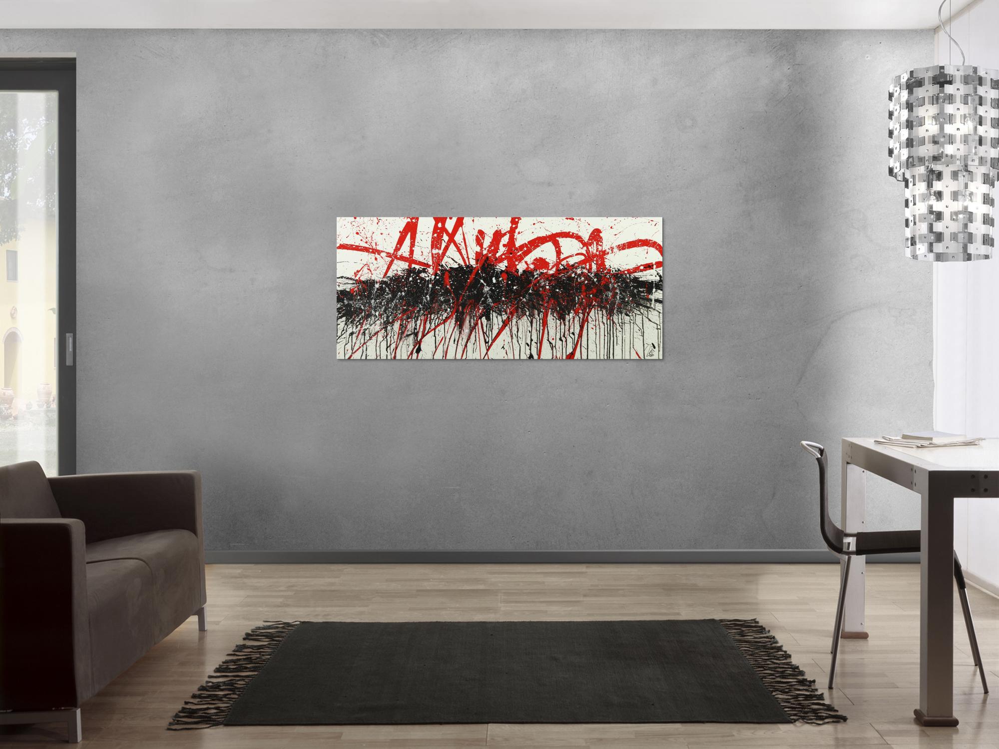 Abstraktes Acrylbild Action Painting handgemalt auf Leinwand schwarz weiß rot
