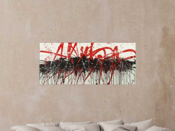Abstraktes Acrylbild Action Painting handgemalt auf Leinwand schwarz weiß rot