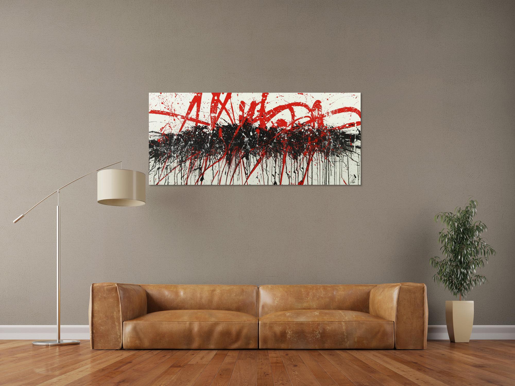 Abstraktes Acrylbild Action Painting handgemalt auf Leinwand schwarz weiß rot