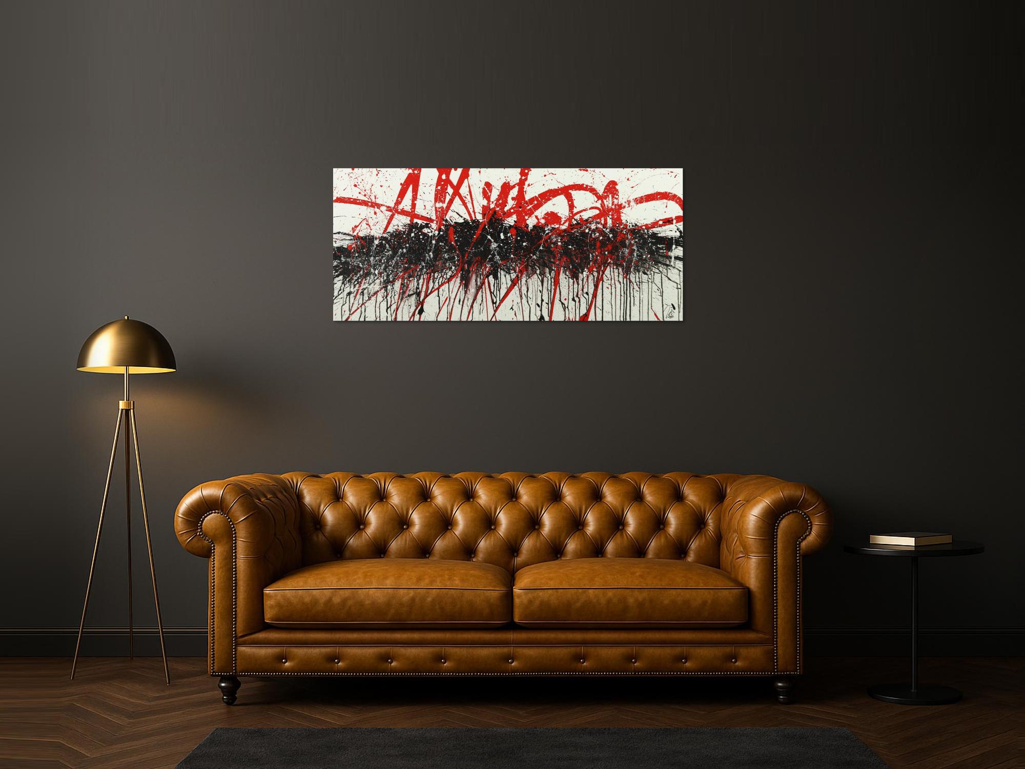 Abstraktes Acrylbild Action Painting handgemalt auf Leinwand schwarz weiß rot