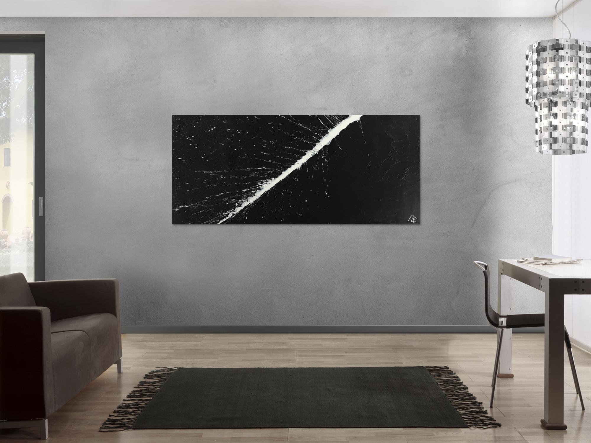Abstraktes Gemälde minimalistisch schwarz weiß handgemalt Action Painting auf Leinwand
