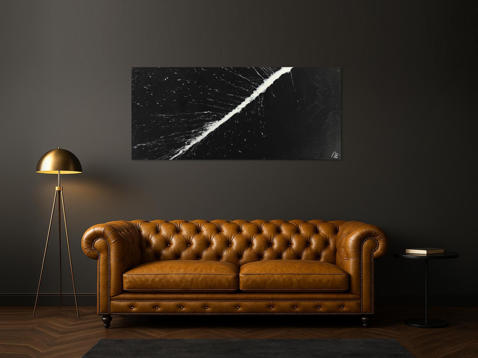 Abstraktes Gemälde minimalistisch schwarz weiß handgemalt Action Painting auf Leinwand