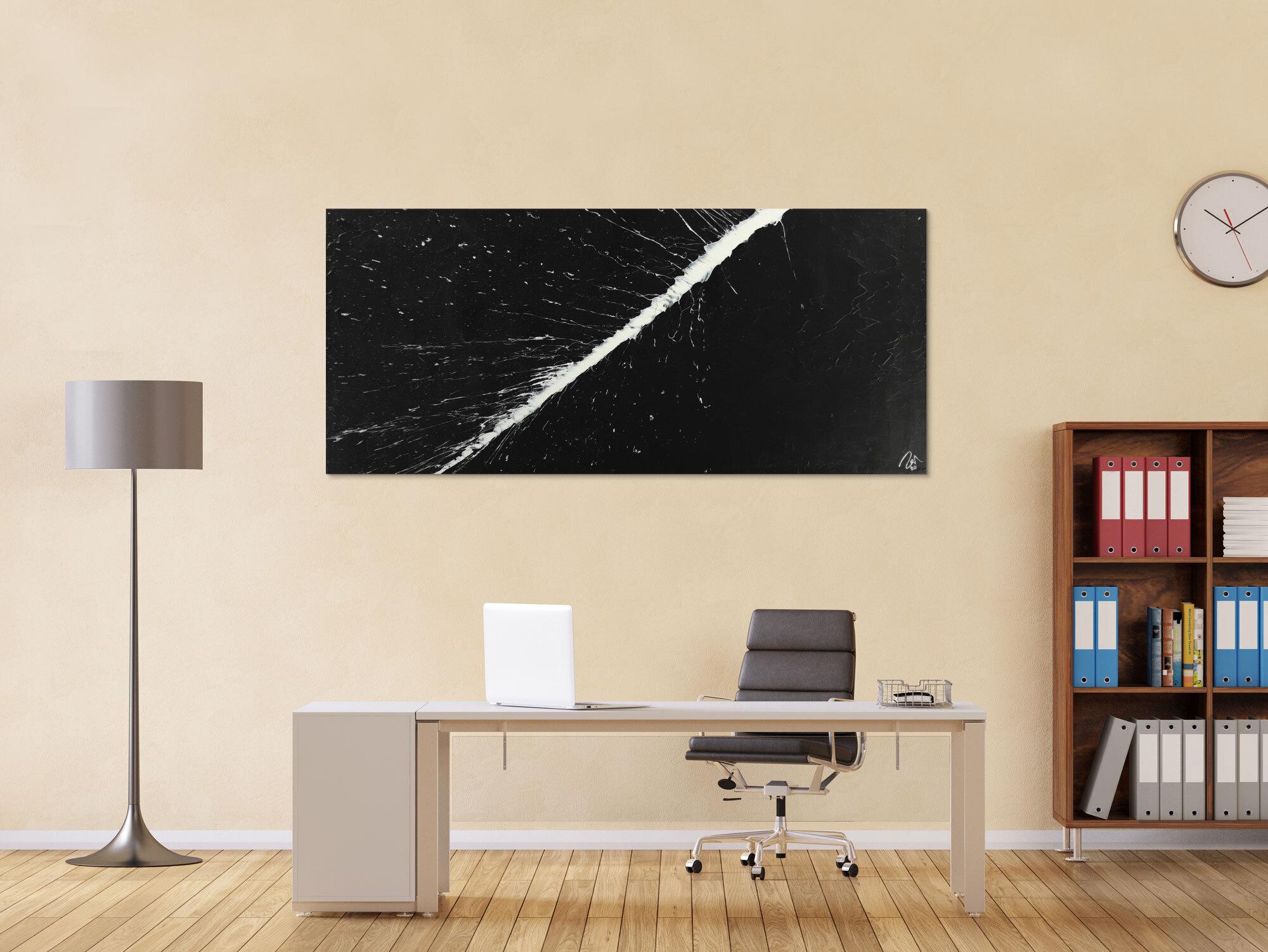 Abstraktes Gemälde minimalistisch schwarz weiß handgemalt Action Painting auf Leinwand
