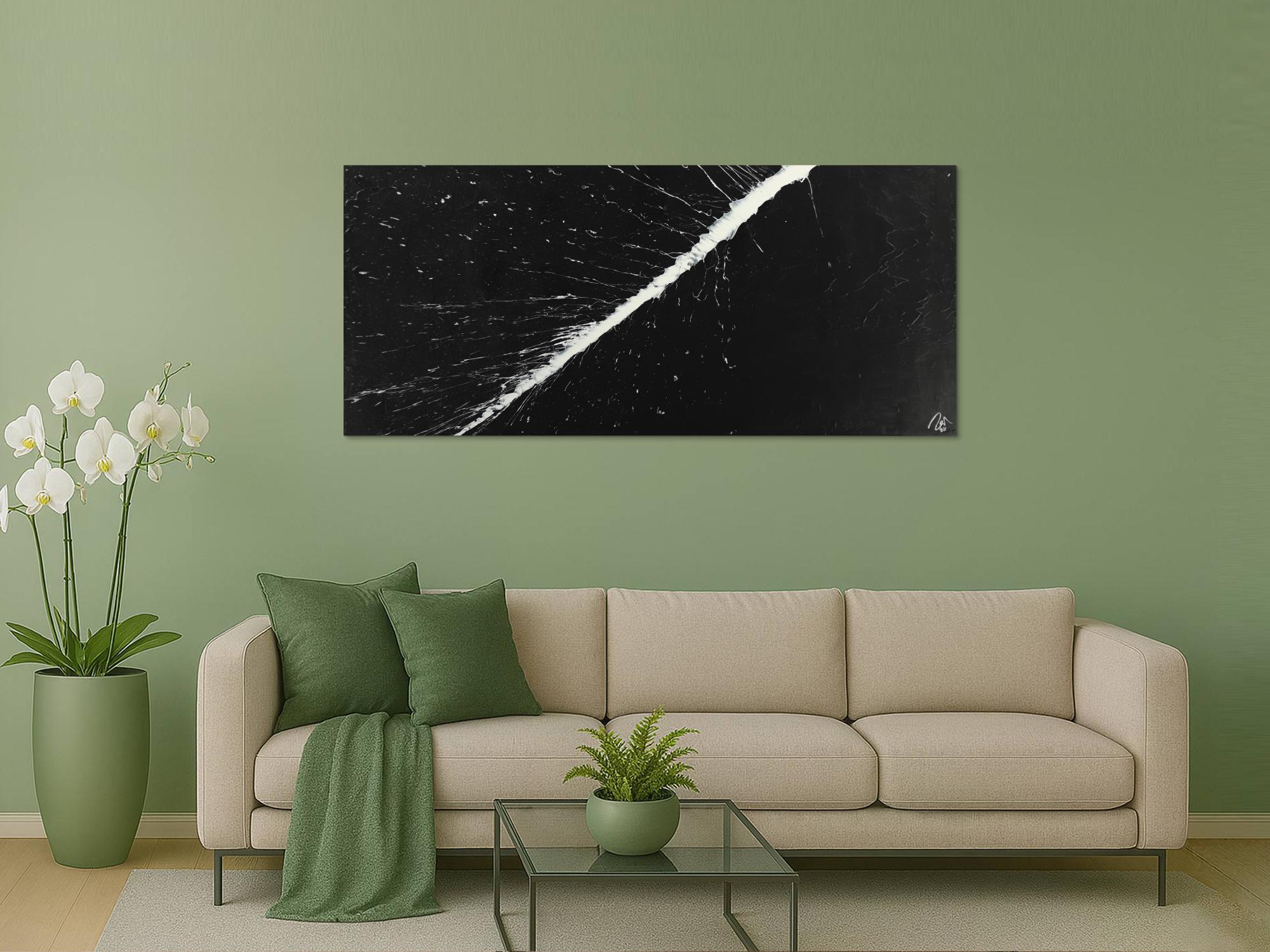 Abstraktes Gemälde minimalistisch schwarz weiß handgemalt Action Painting auf Leinwand