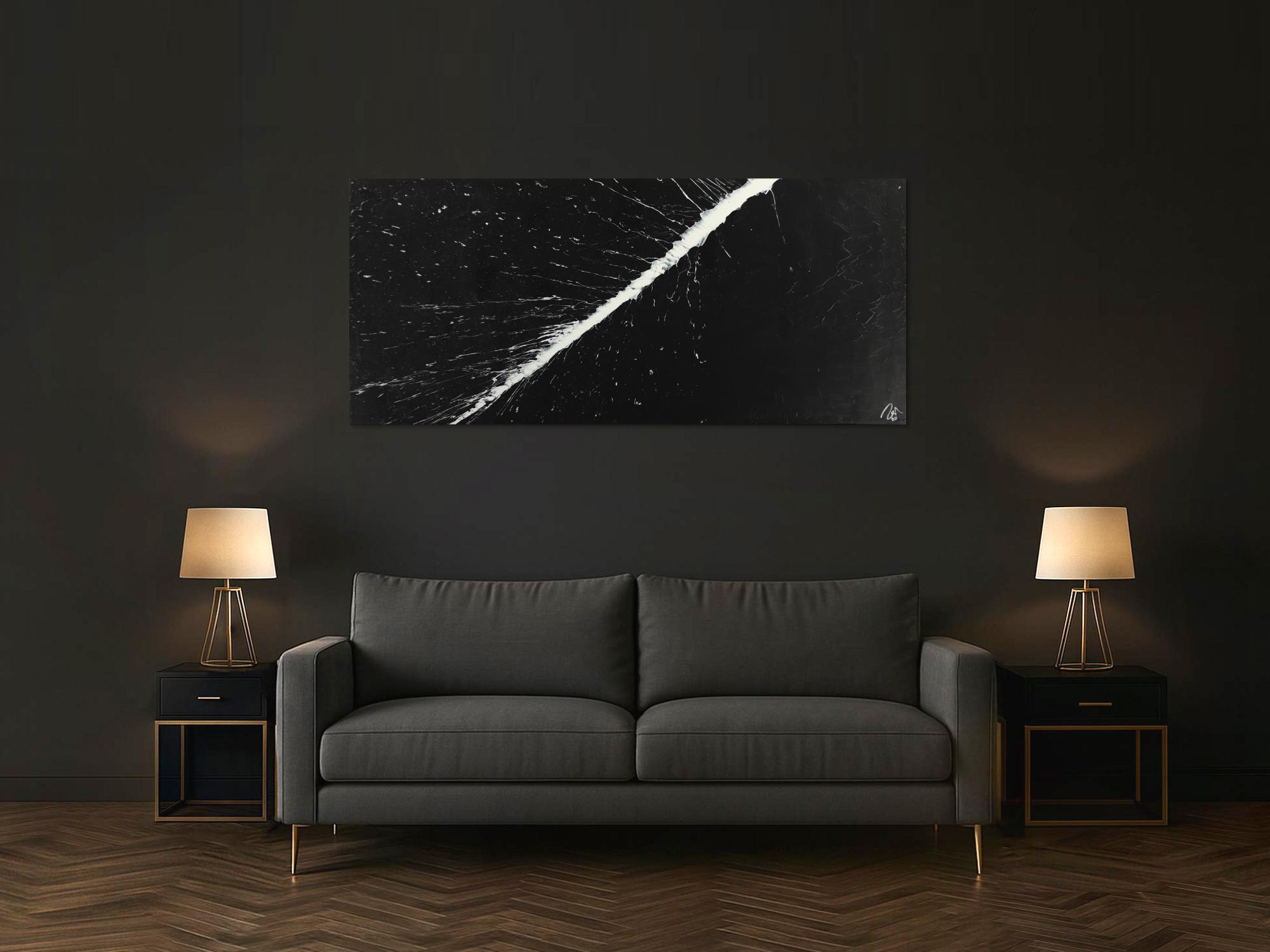 Abstraktes Gemälde minimalistisch schwarz weiß handgemalt Action Painting auf Leinwand