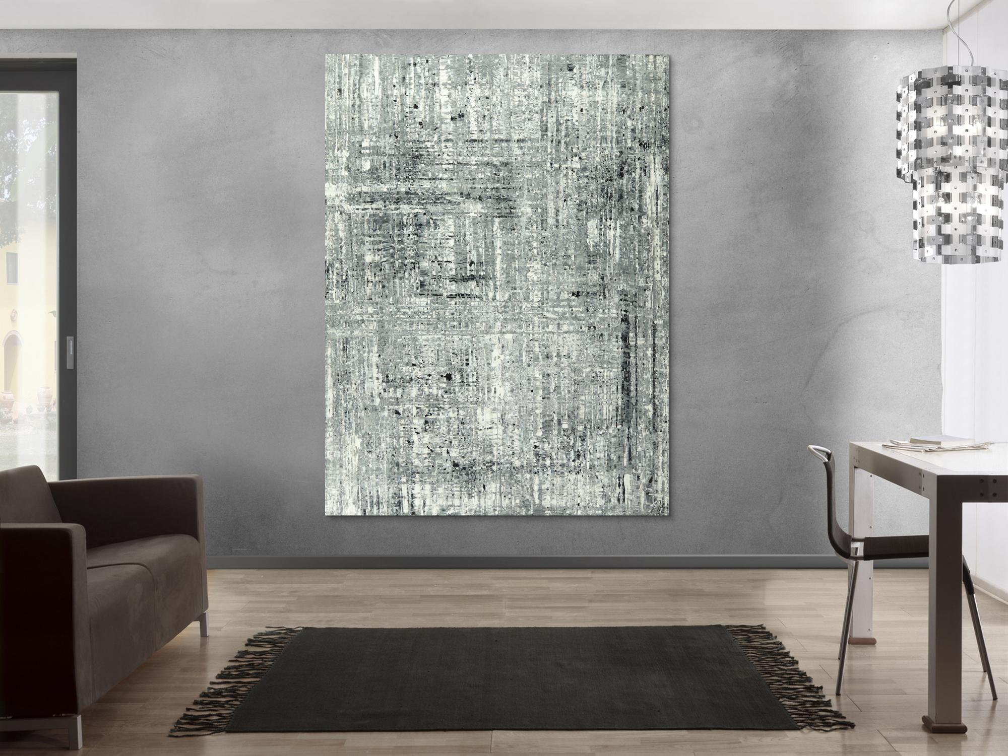 Abstraktes Gemälde schwarz weiß grau handgemalt auf Leinwand groß XXL hochformat