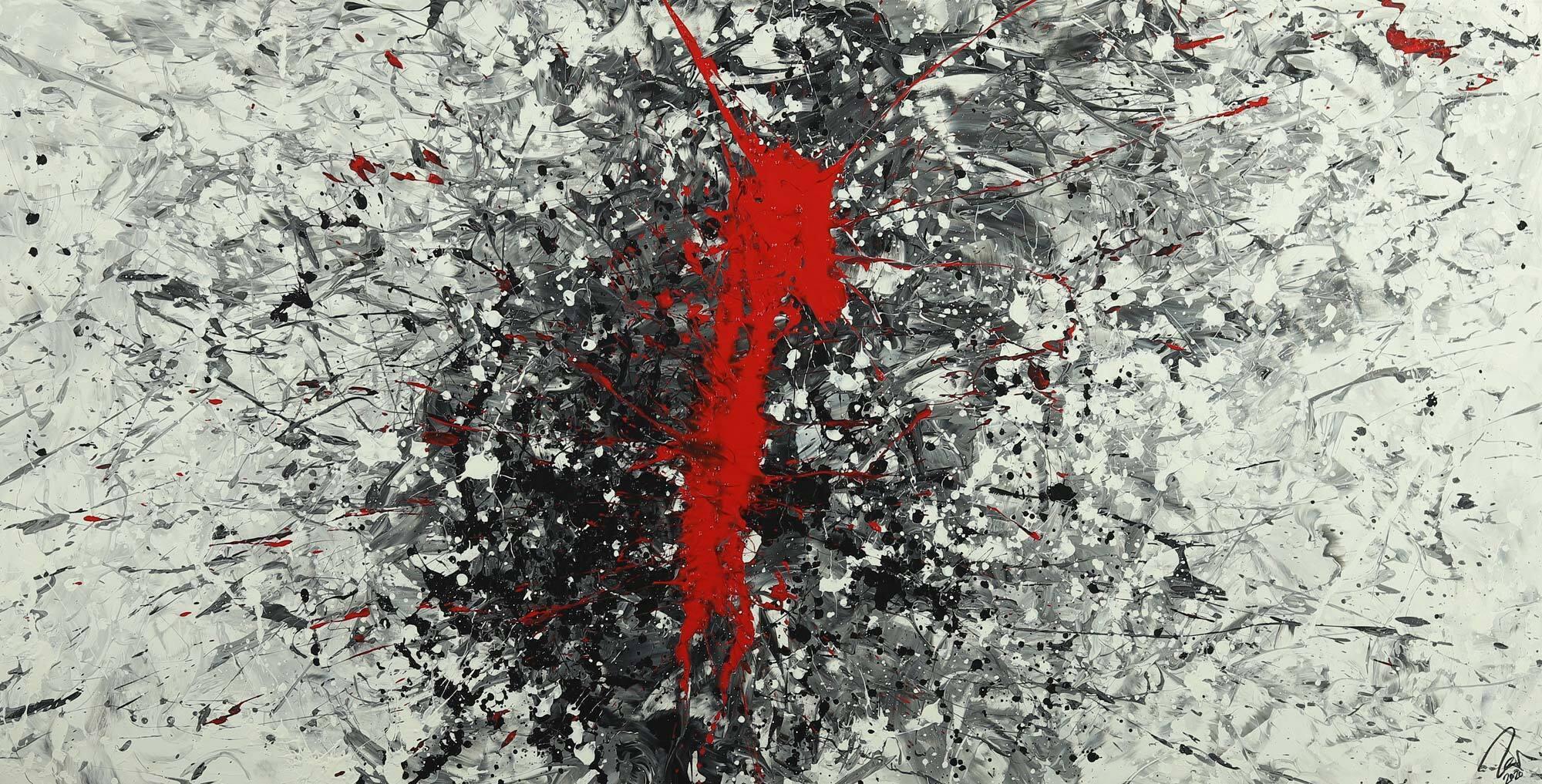 Abstraktes Acrylbild Action Panting handgemalt auf Leinwand weiß grau schwarz rot
