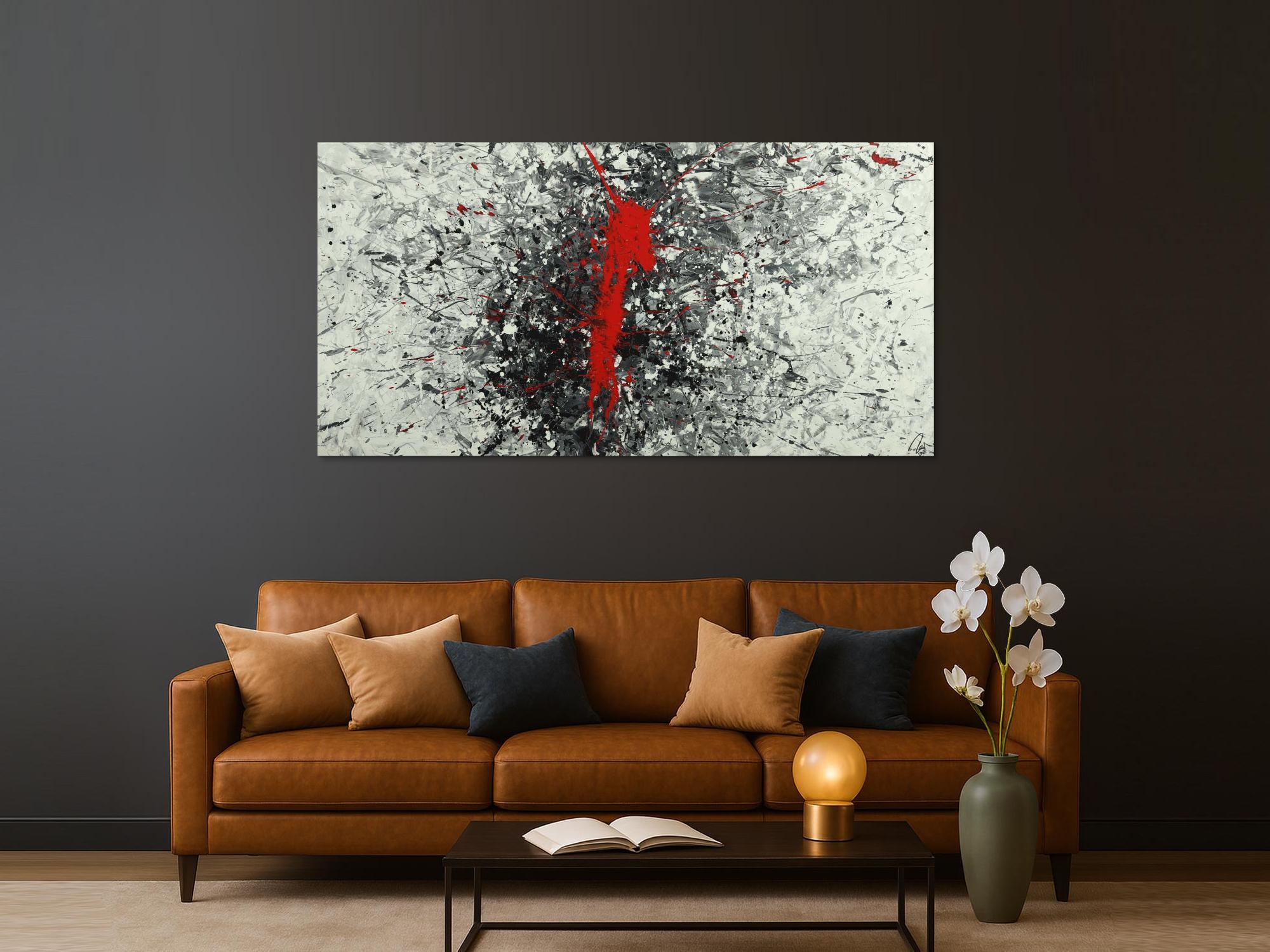 Abstraktes Acrylbild Action Panting handgemalt auf Leinwand weiß grau schwarz rot
