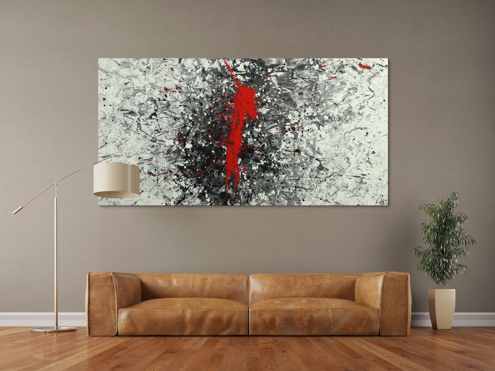 Abstraktes Acrylbild Action Panting handgemalt auf Leinwand weiß grau schwarz rot