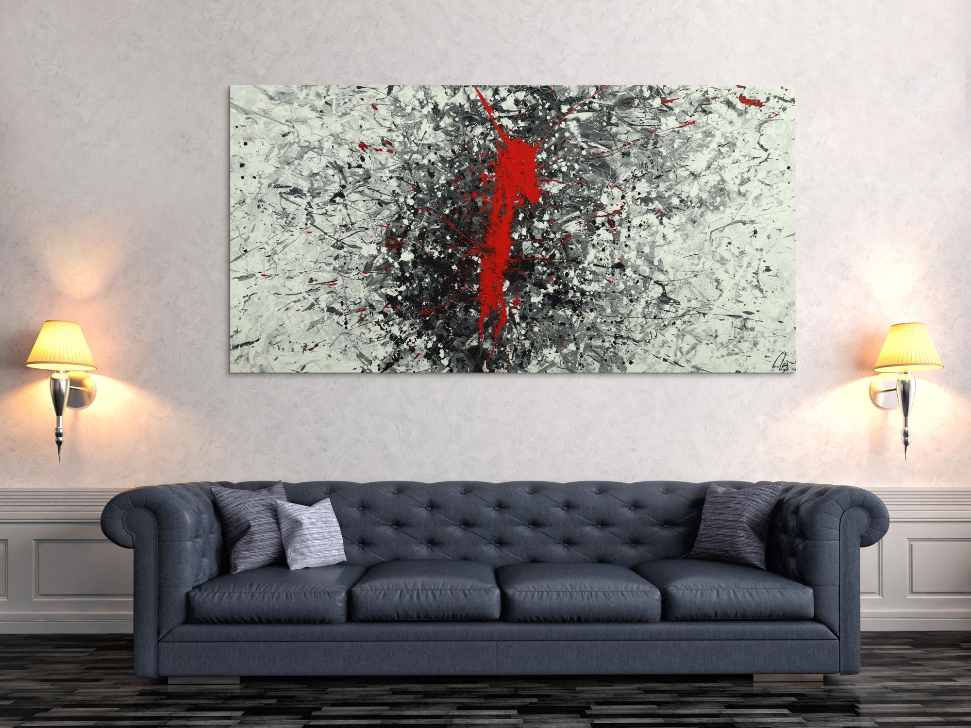 Abstraktes Acrylbild Action Panting handgemalt auf Leinwand weiß grau schwarz rot