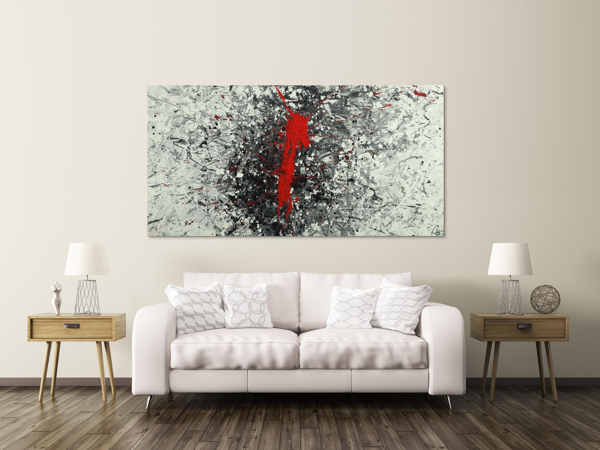 Abstraktes Acrylbild Action Panting handgemalt auf Leinwand weiß grau schwarz rot