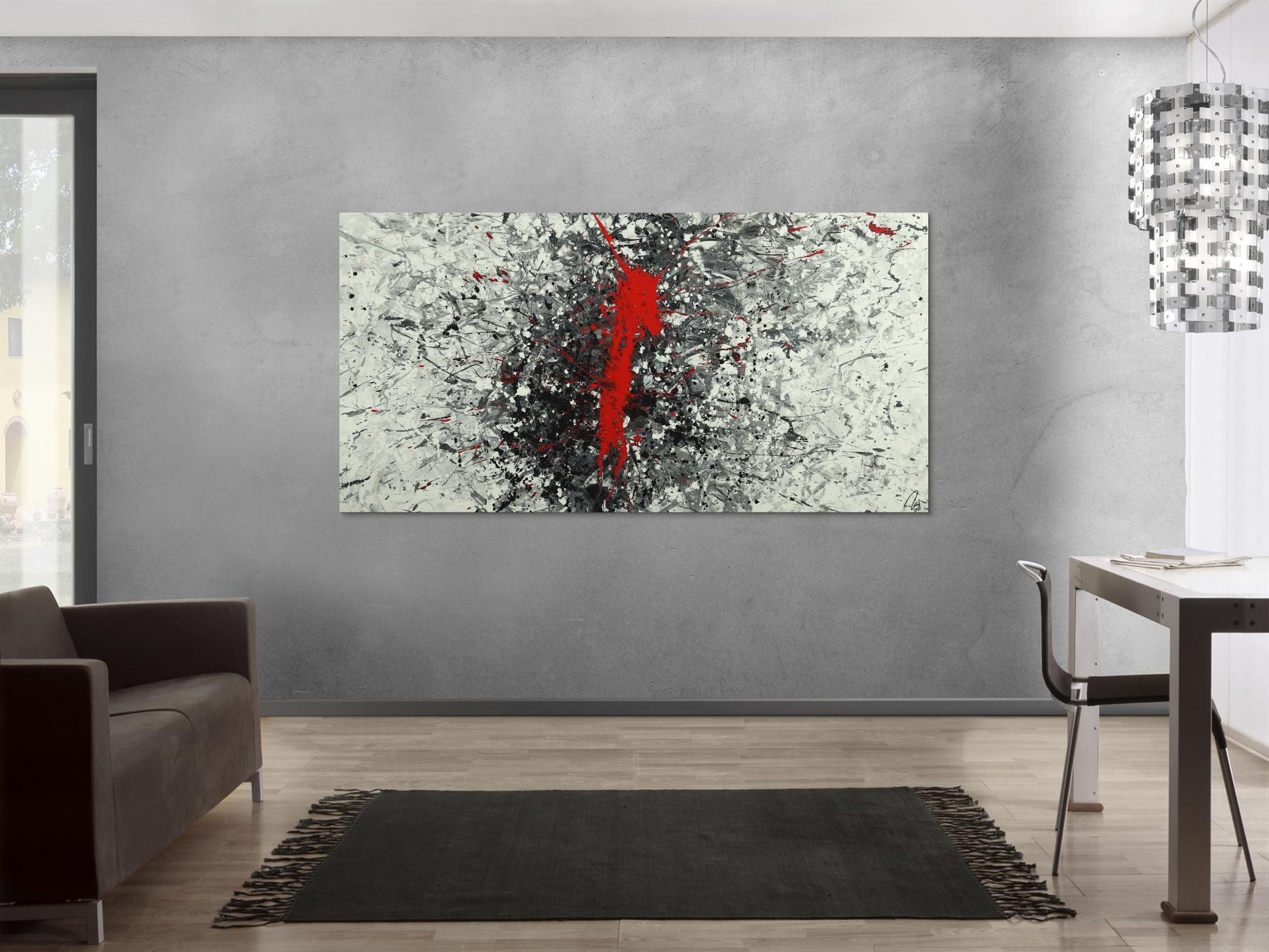 Abstraktes Acrylbild Action Panting handgemalt auf Leinwand weiß grau schwarz rot
