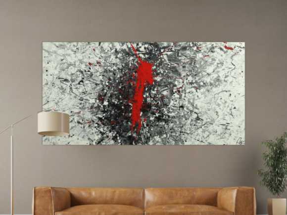Abstraktes Acrylbild Action Panting handgemalt auf Leinwand weiß grau schwarz rot