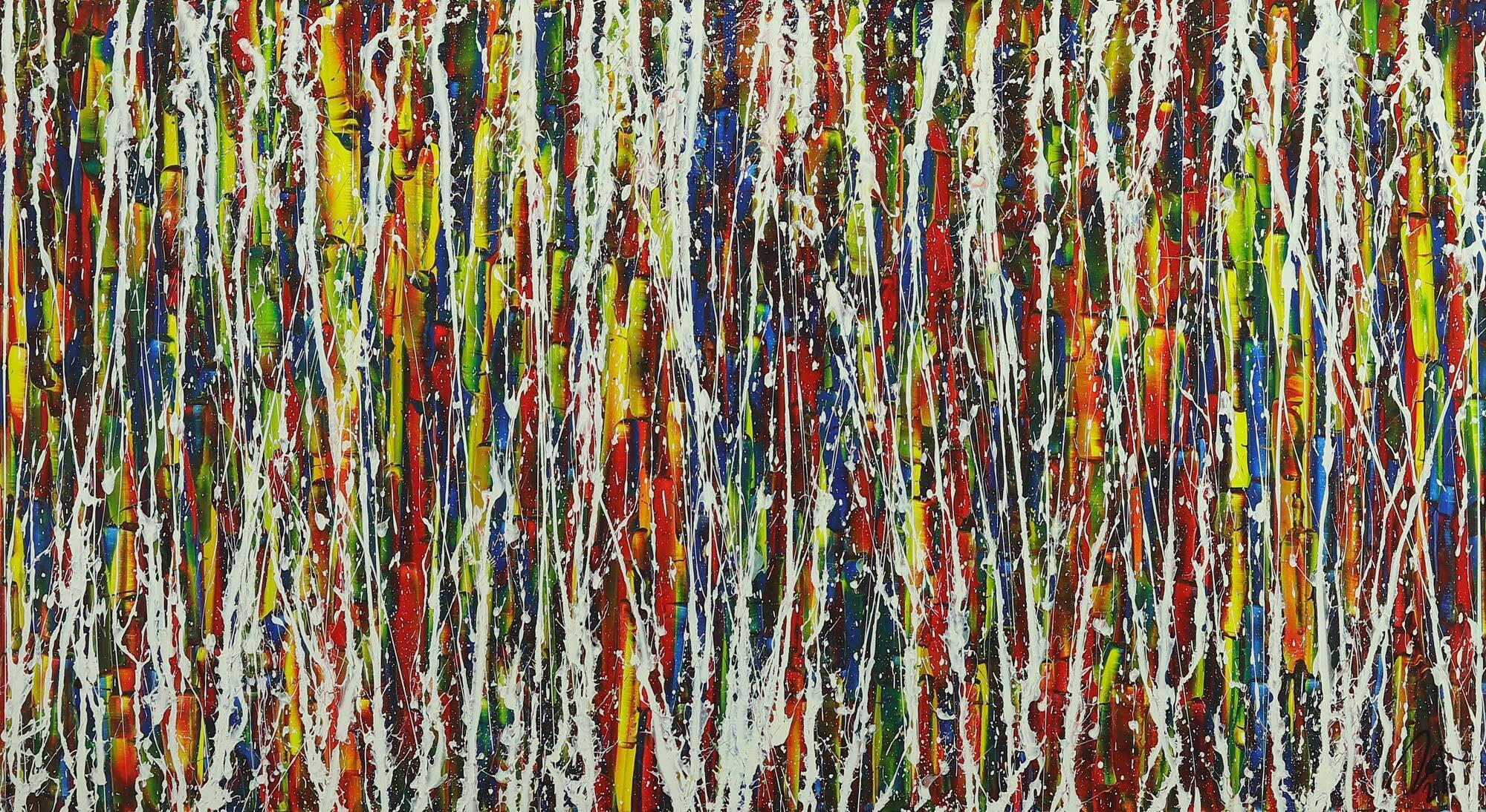 Abstraktes Gemälde auf Leinwand handgemalt sehr bunt Action Paintint