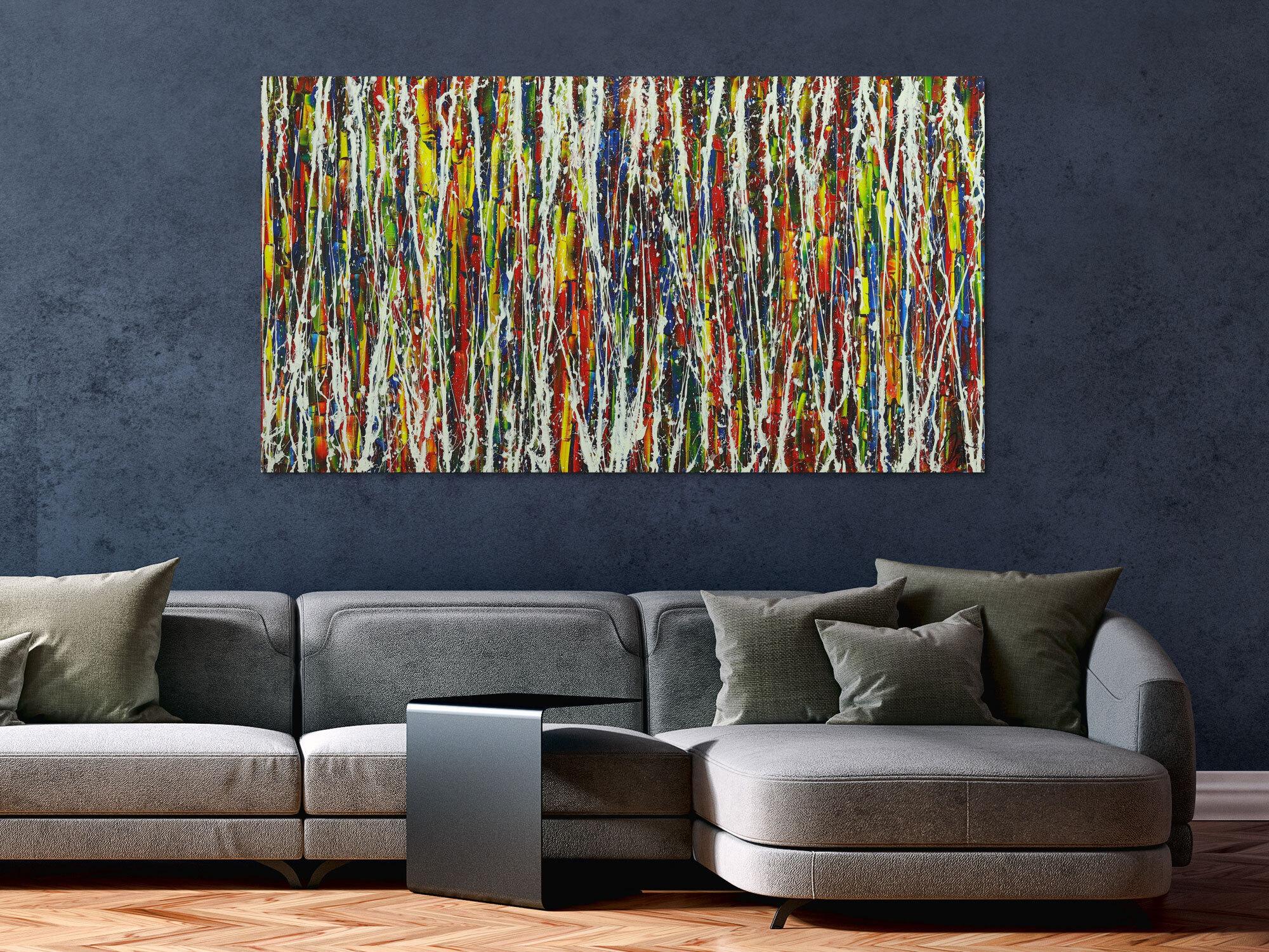 Abstraktes Gemälde auf Leinwand handgemalt sehr bunt Action Paintint