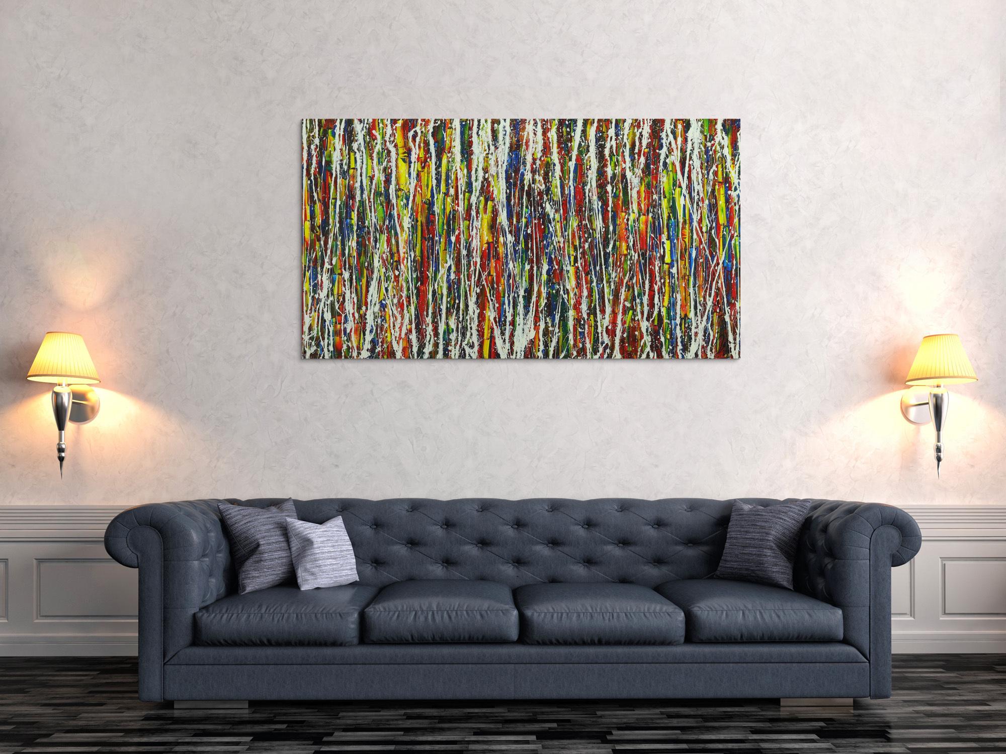 Abstraktes Gemälde auf Leinwand handgemalt sehr bunt Action Paintint