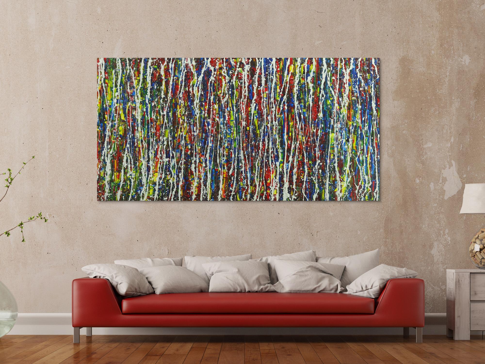 Abstraktes Acrylbild Action Painting handgemalt auf Leinwand sehr bunt