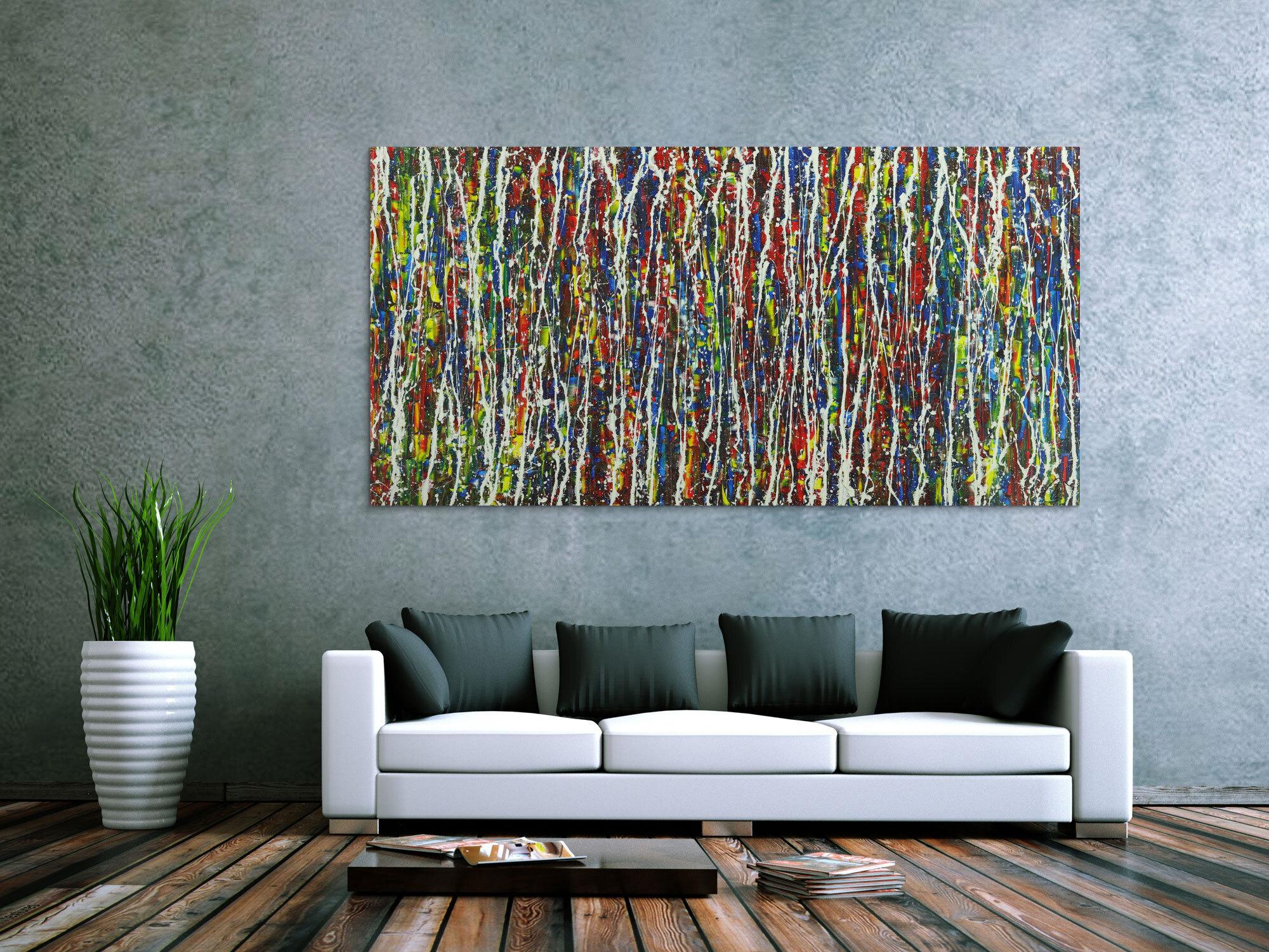 Abstraktes Acrylbild Action Painting handgemalt auf Leinwand sehr bunt