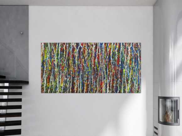 Abstraktes Acrylbild Action Painting handgemalt auf Leinwand sehr bunt