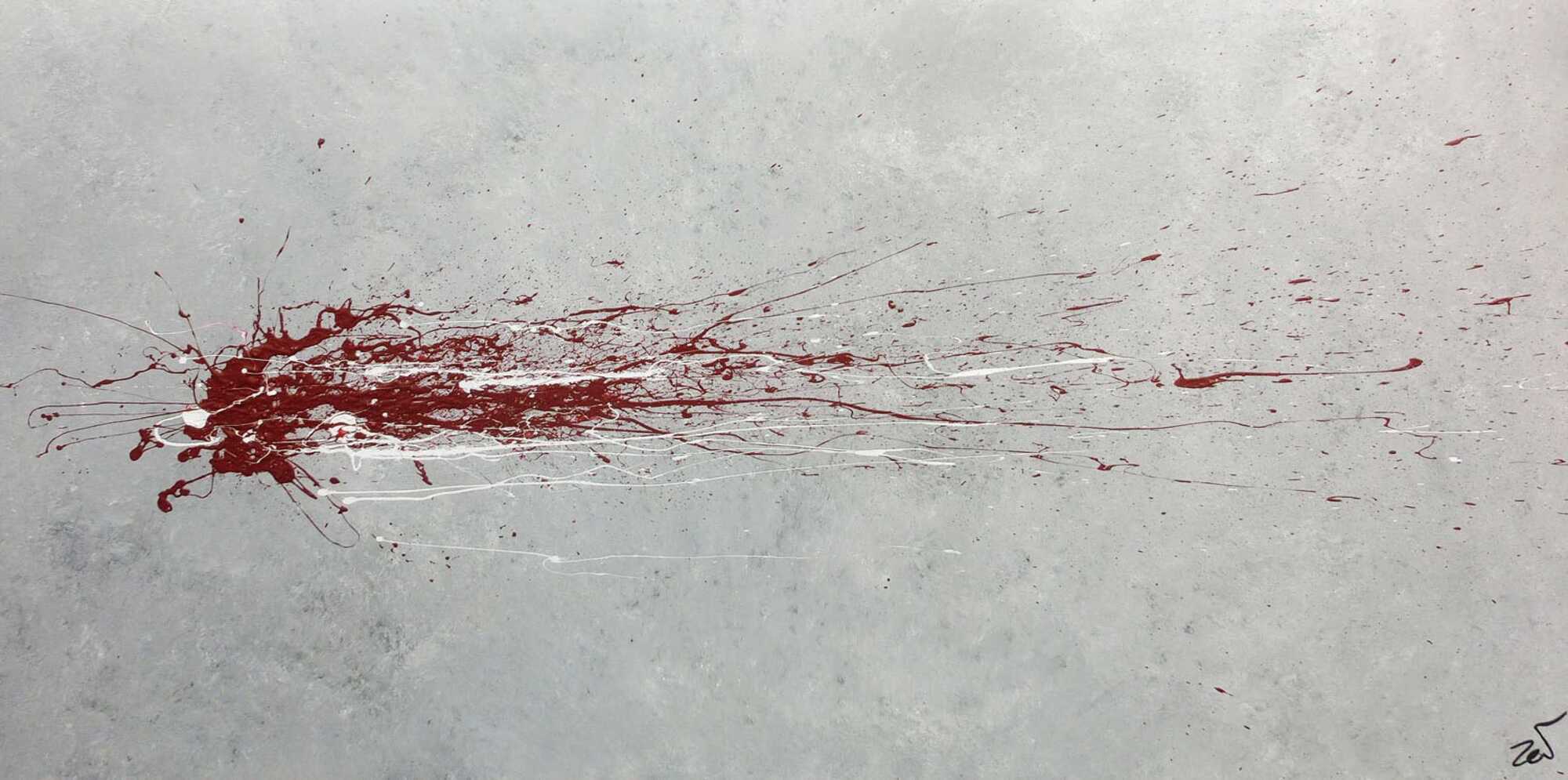 Abstraktes Acrylbild grau mit rotem Fleck