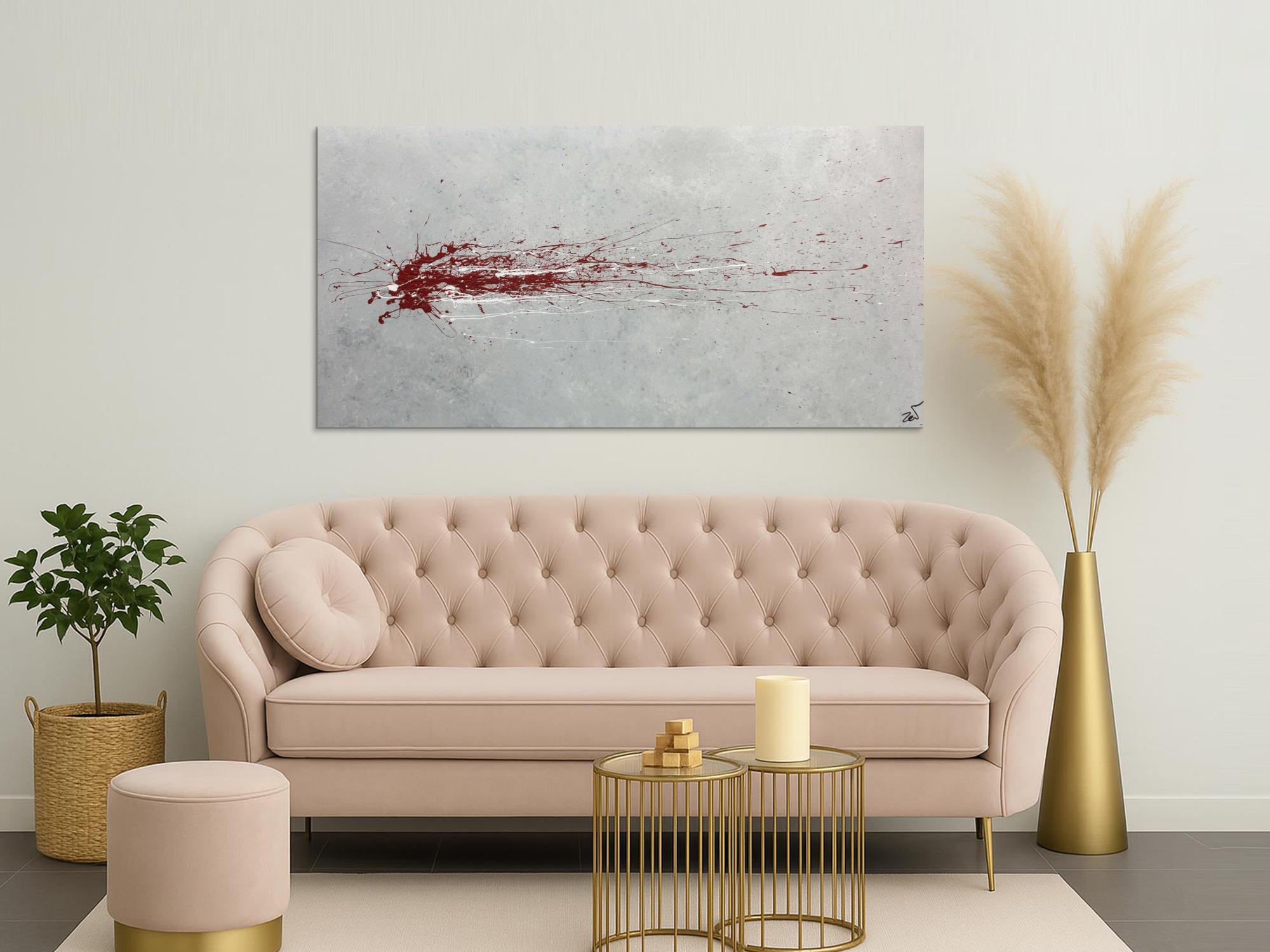 Abstraktes Acrylbild grau mit rotem Fleck