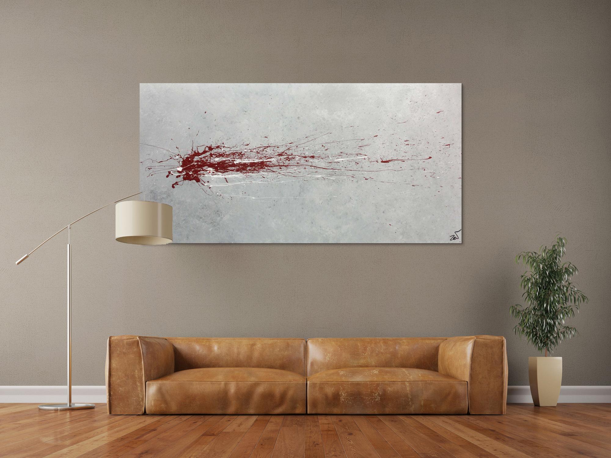 Abstraktes Acrylbild grau mit rotem Fleck