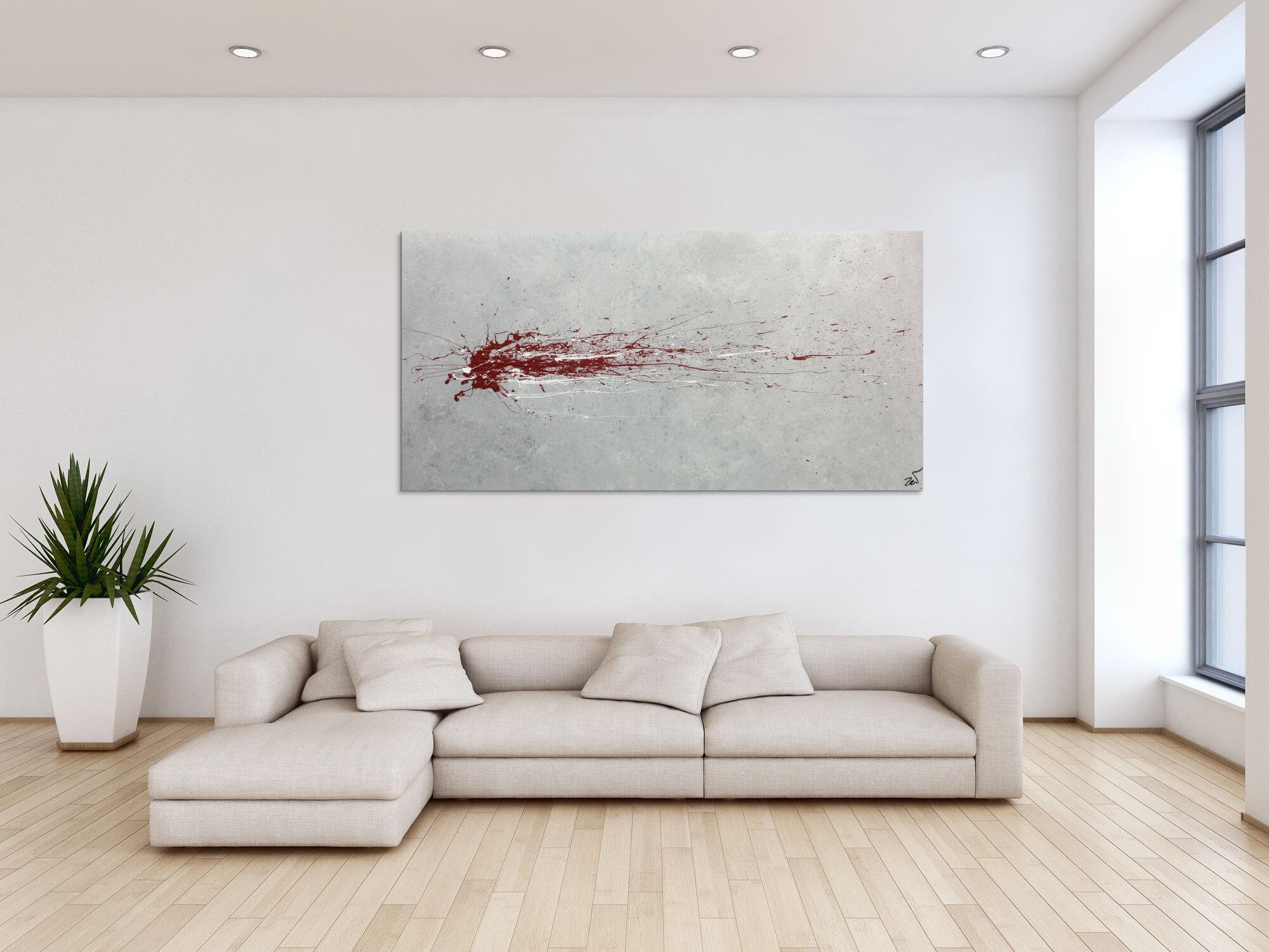 Abstraktes Acrylbild grau mit rotem Fleck