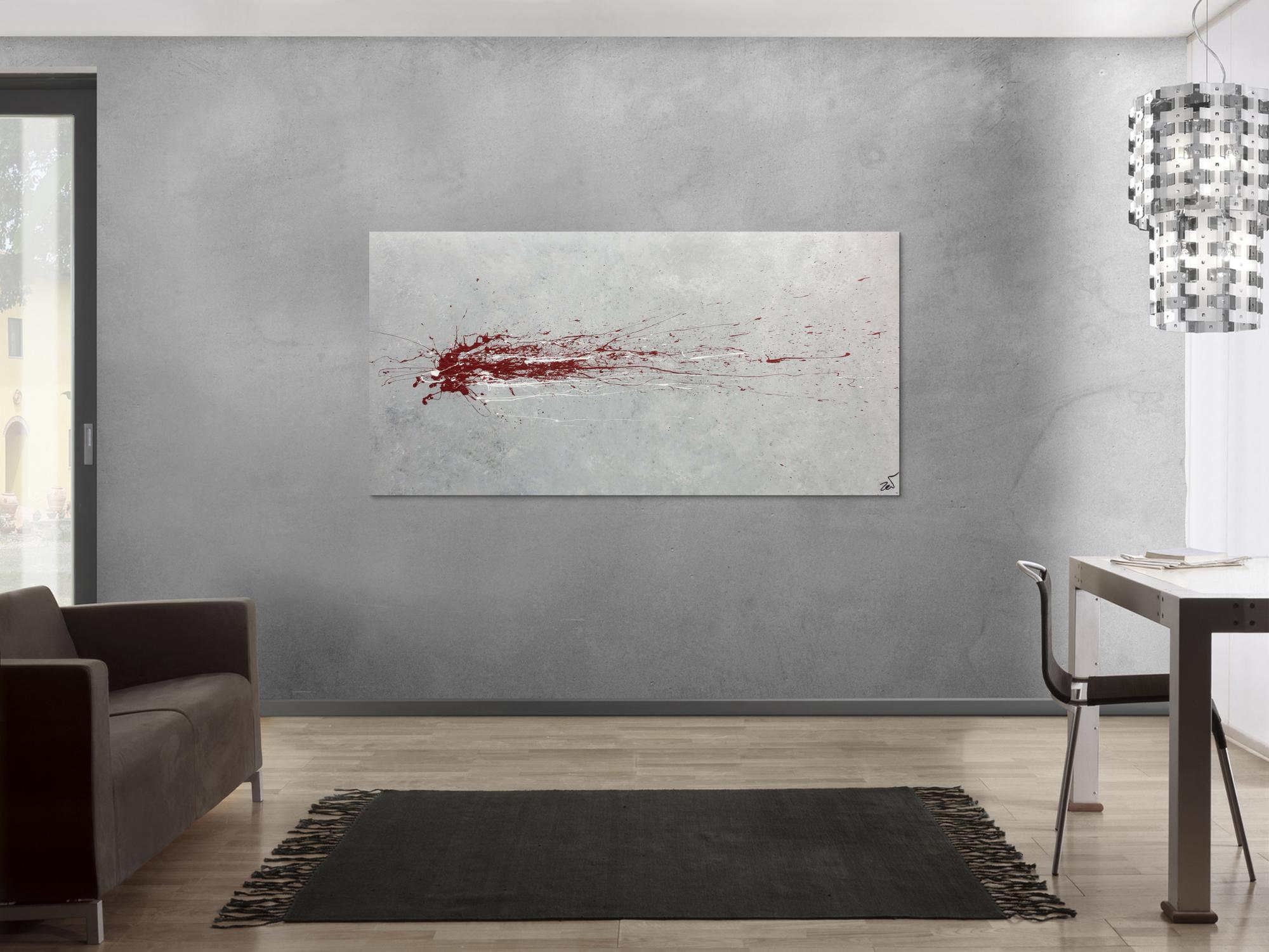 Abstraktes Acrylbild grau mit rotem Fleck