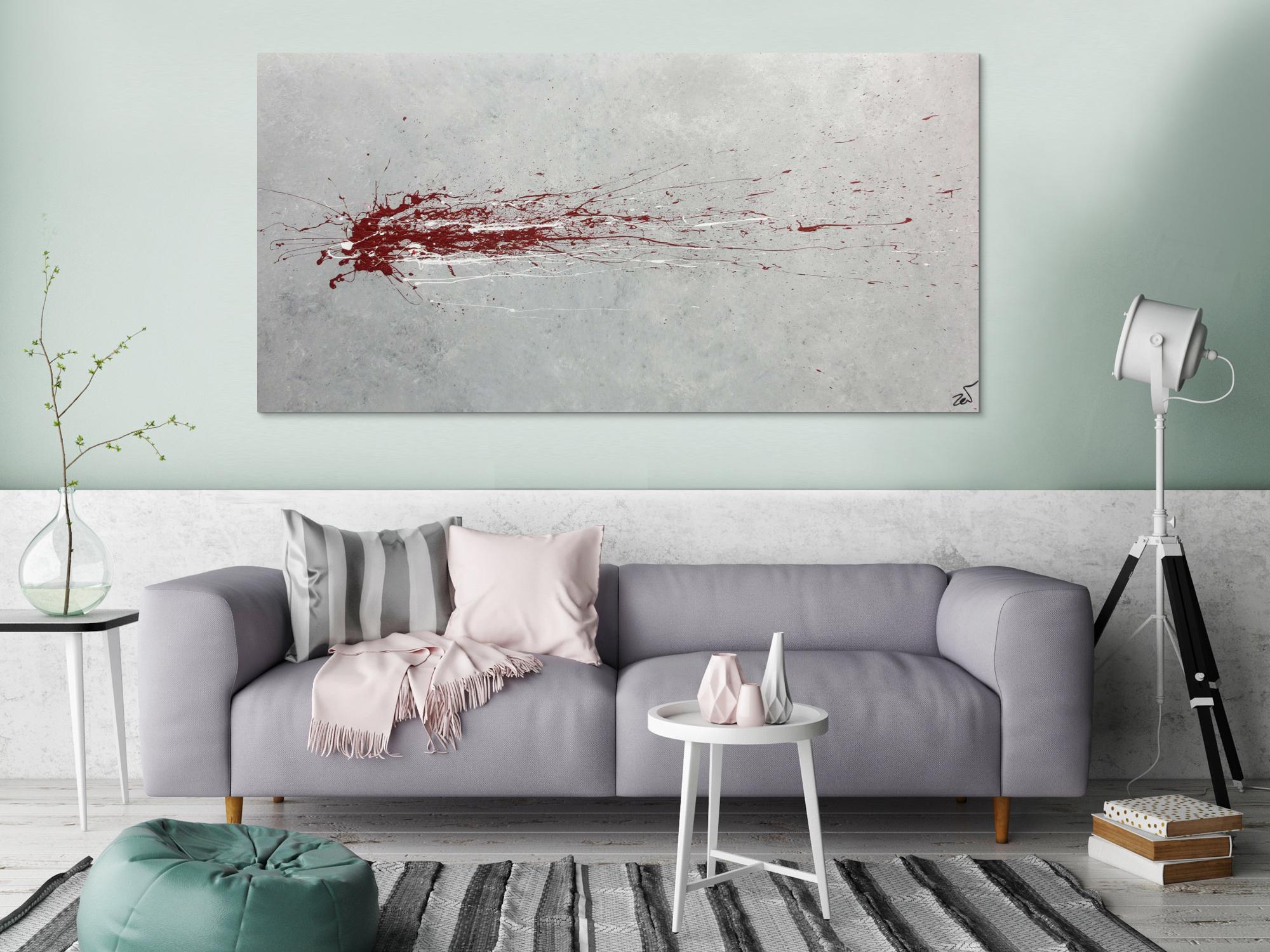 Abstraktes Acrylbild grau mit rotem Fleck