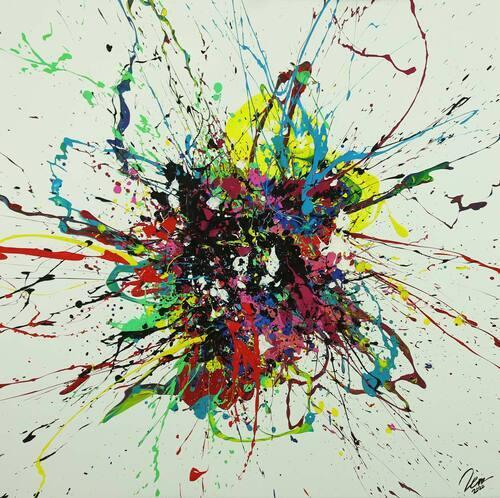 Abstraktes Gemälde sehr bunt Action Painting Leinwand quadratisch