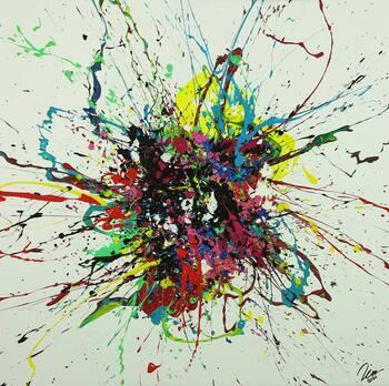 Abstraktes Gemälde sehr bunt Action Painting Leinwand quadratisch
