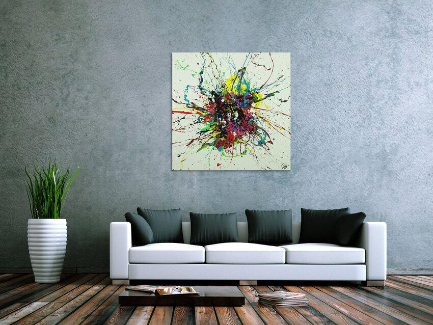 Abstraktes Gemälde sehr bunt Action Painting Leinwand quadratisch
